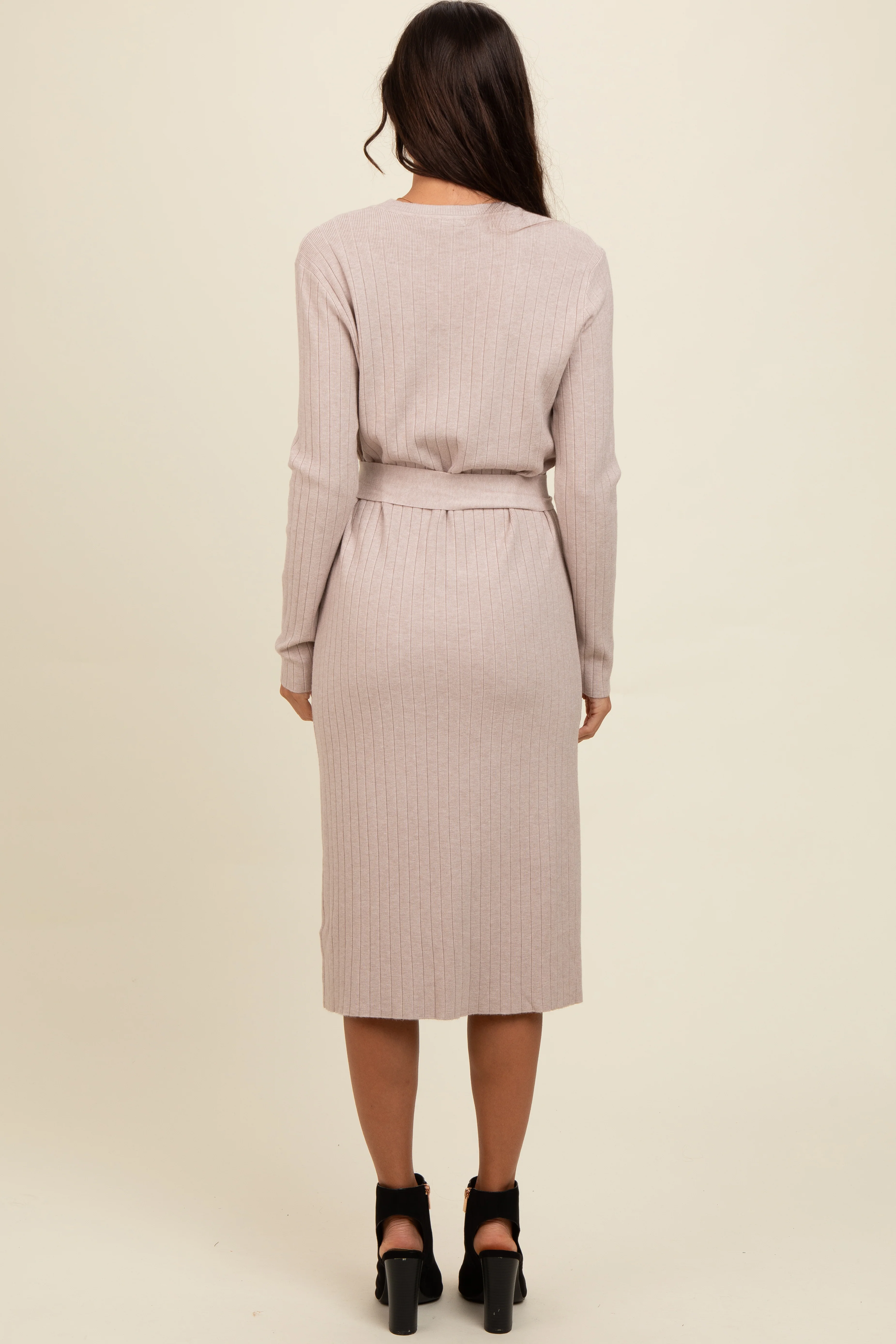 Beige Ribbed Sash Tie Midi Sweater Dress - Image 4