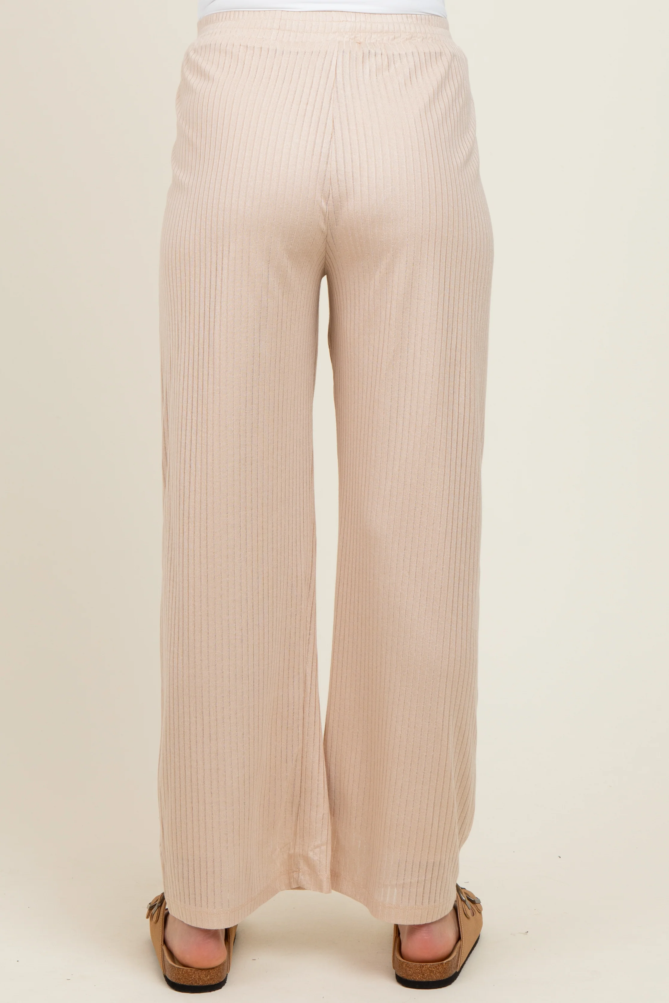Beige Ribbed Side Pocket Maternity Lounge Pants - Image 4