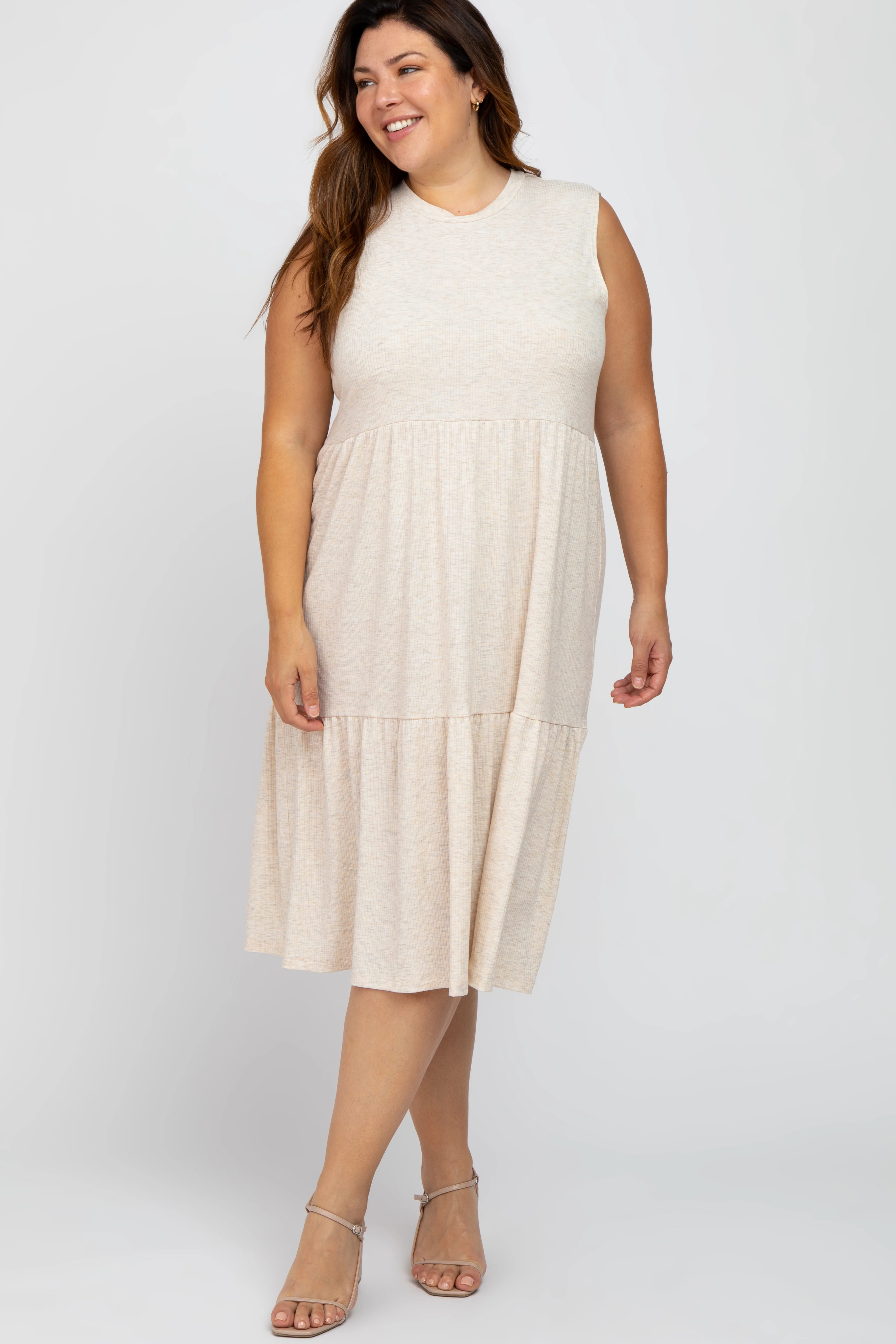 Beige Ribbed Sleeveless Plus Maternity Midi Dress - Image 5