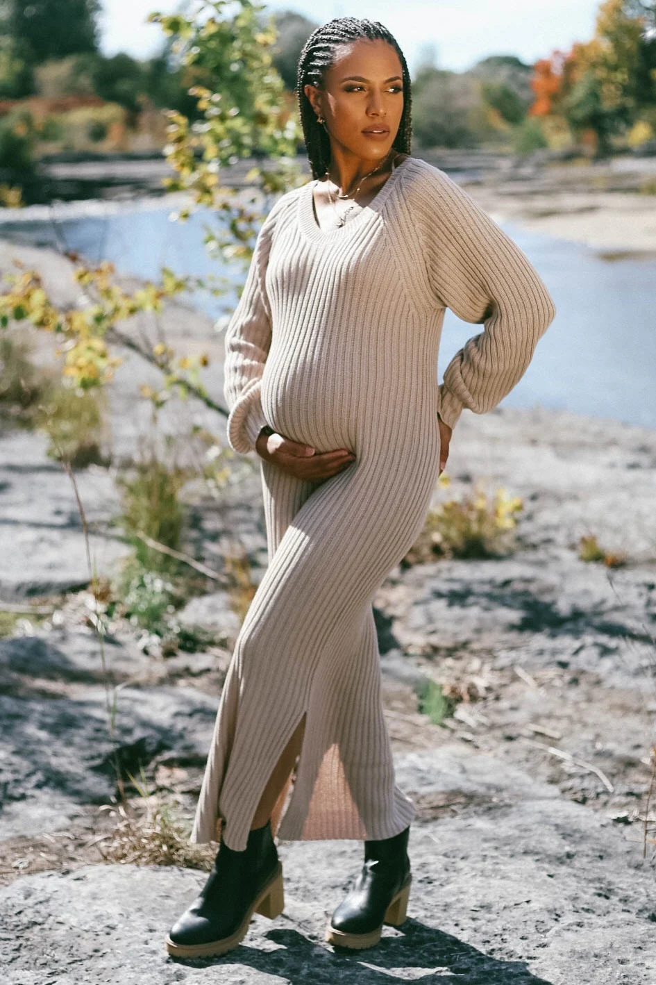 Beige Side Slit Maternity Maxi Sweater Dress - Image 10