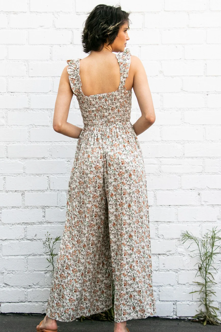 Beige Sleeveless Floral Smocked Ruffle Jumpsuit - Image 3