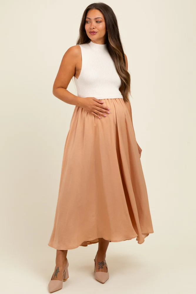 Beige Sleeveless Half Sweater And Satin Skirt Midi Maternity Dress - Image 4
