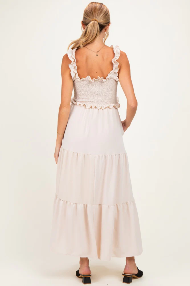 Beige Sleeveless Smocked Tiered Maxi Dress - Image 3
