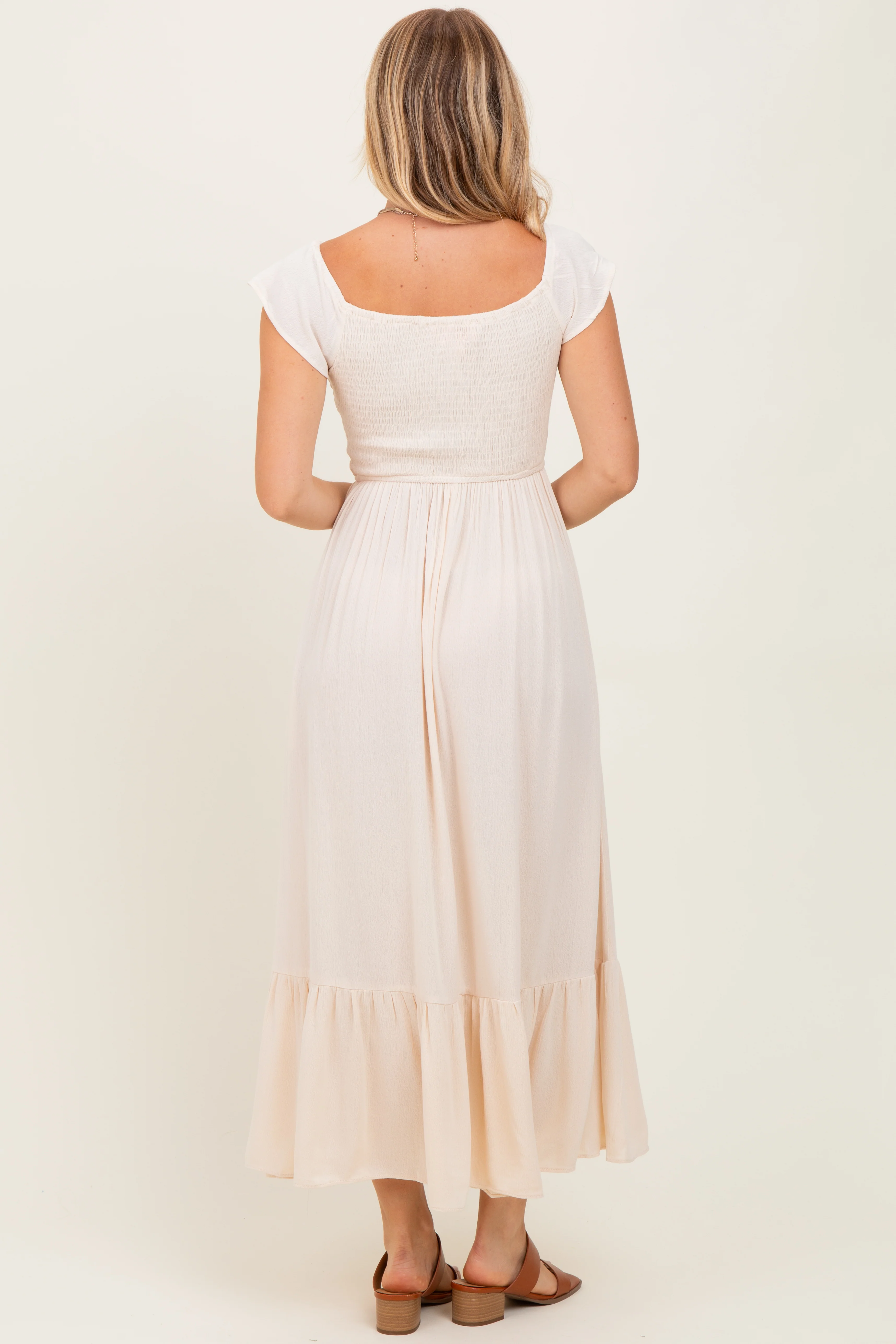Beige Smocked Ruched Ruffle Hem Maxi Dress - Image 4