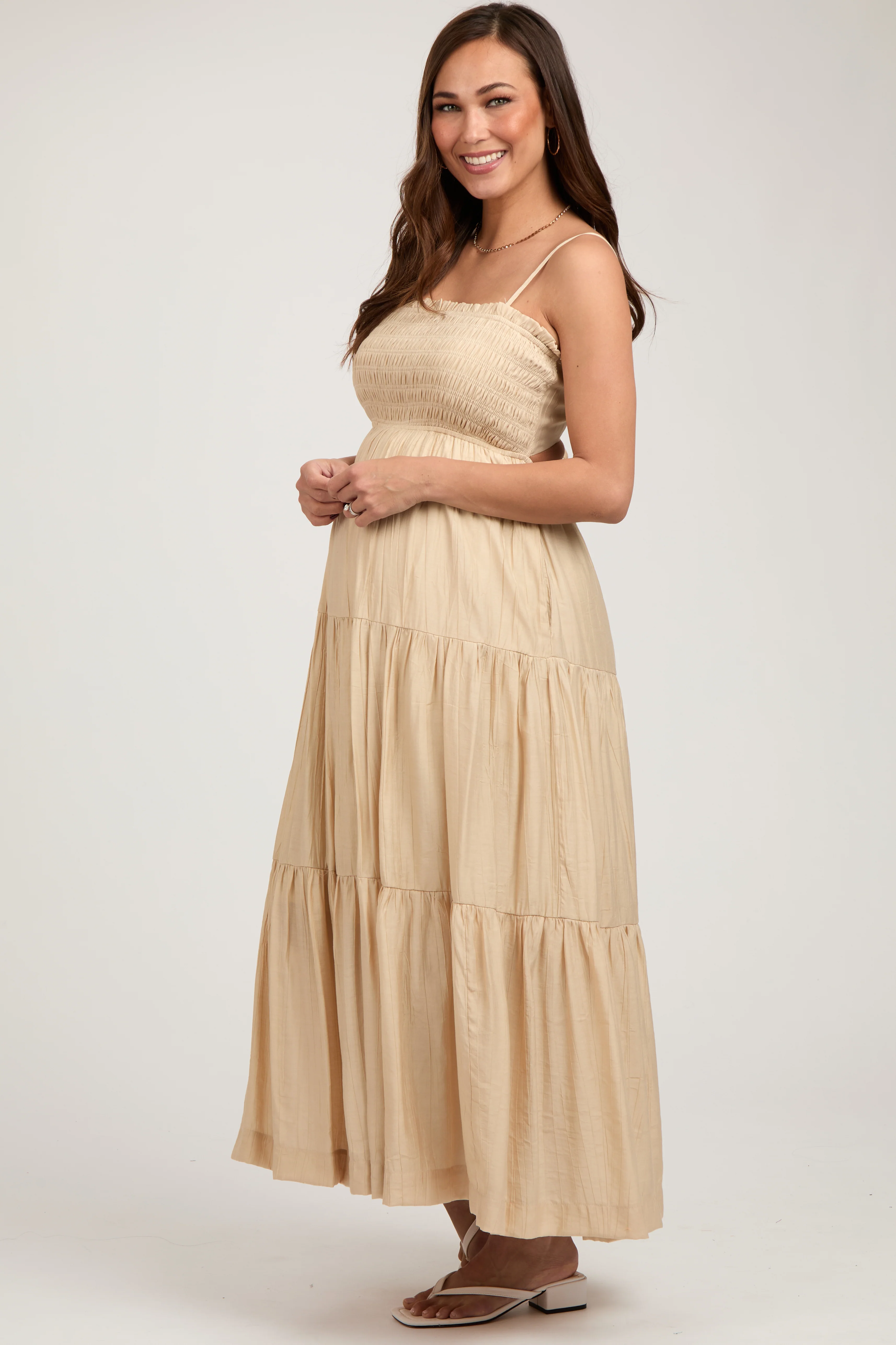 Beige Smocked Square Neck Back Cutout Tiered Maternity Midi Dress - Image 2