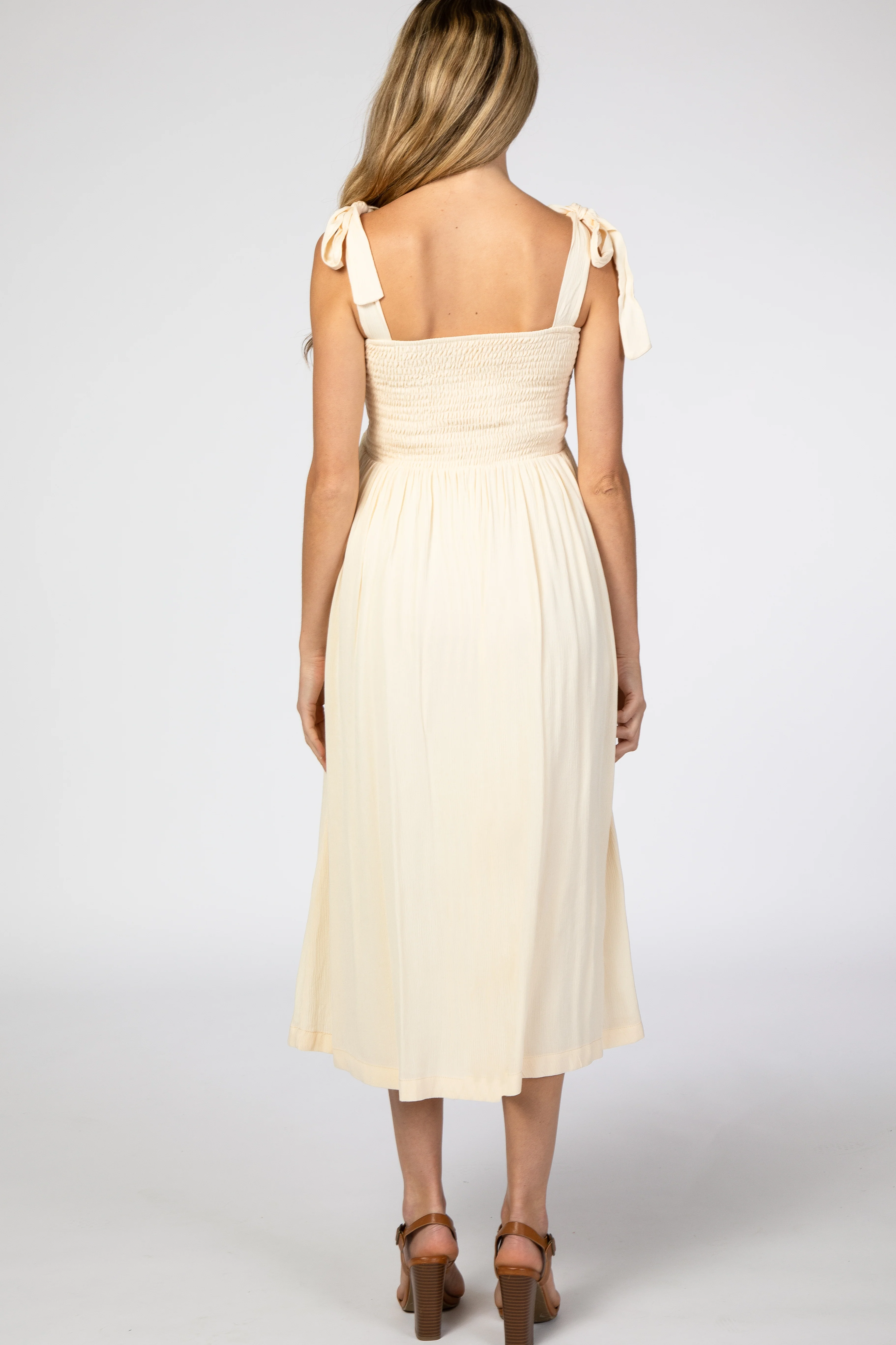 Beige Smocked Tie Strap Maternity Midi Dress - Image 4
