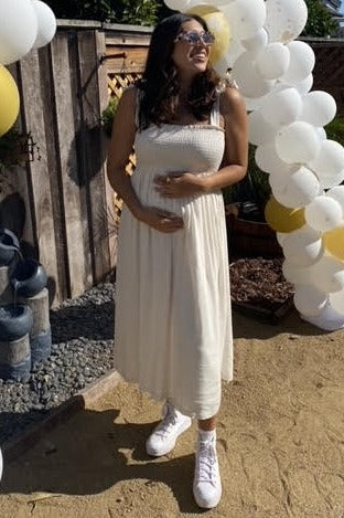 Beige Smocked Tie Strap Maternity Midi Dress - Image 9