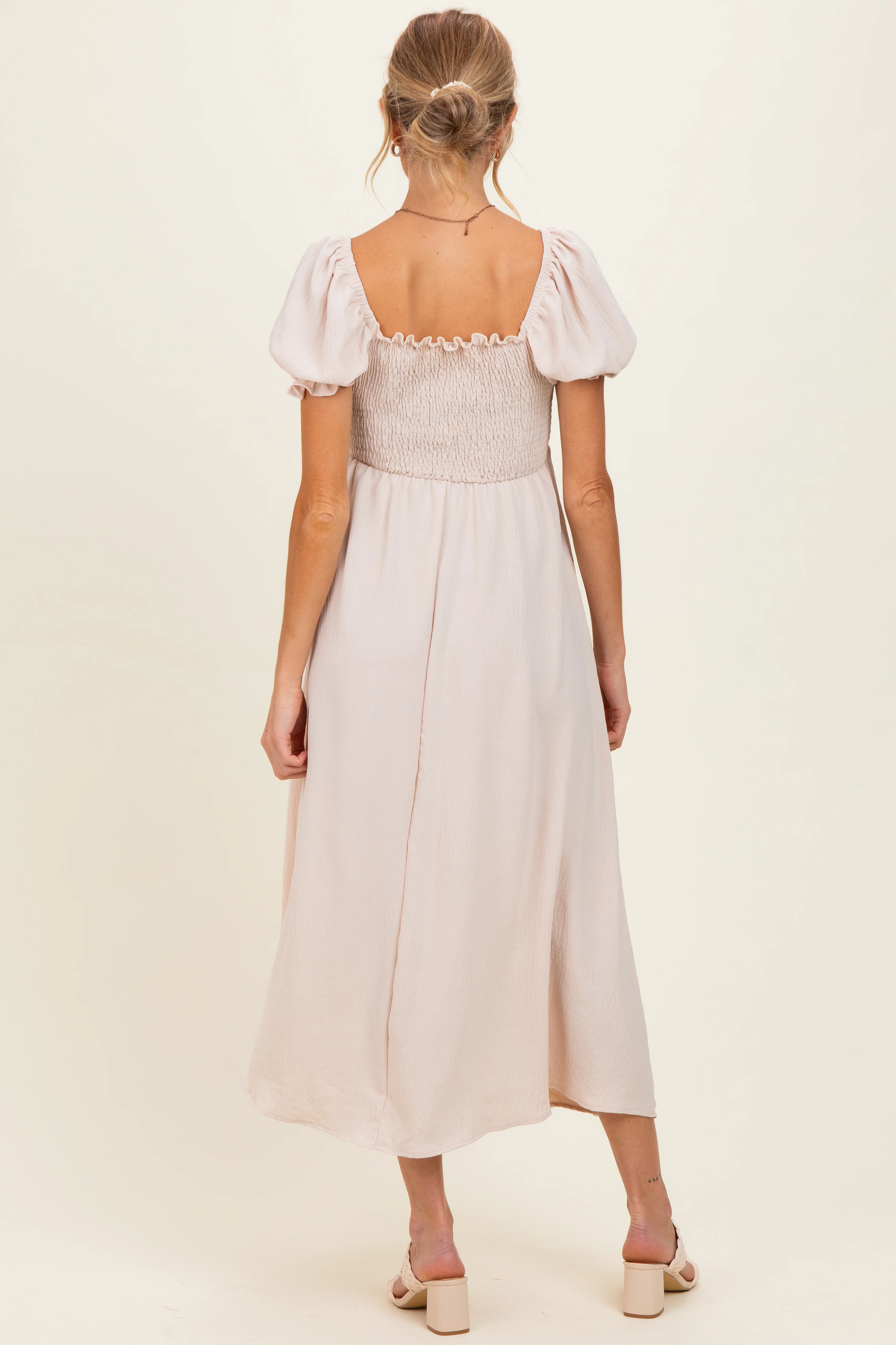 Beige Square Neck Puff Sleeve Maternity Midi Dress - Image 4