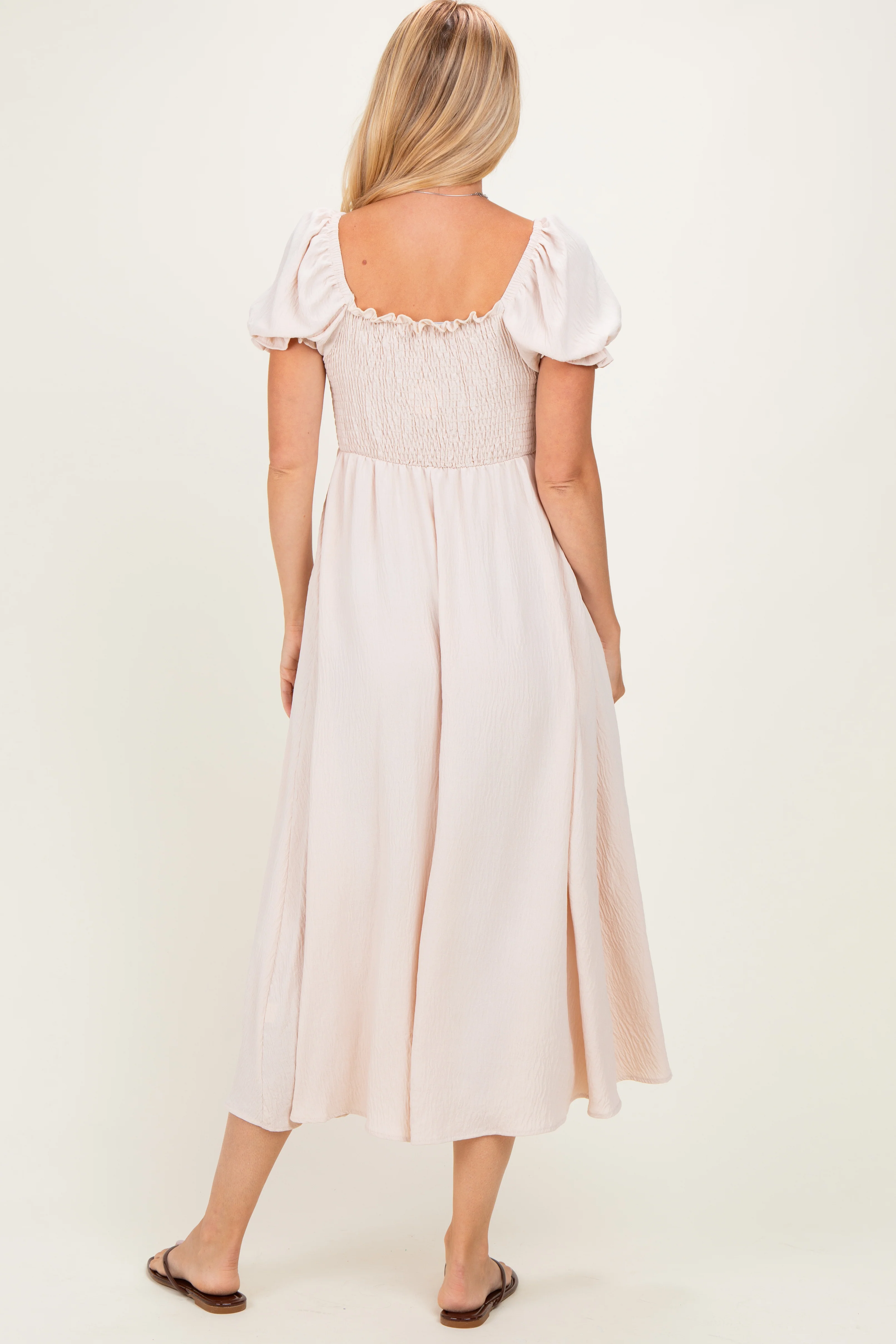 Beige Square Neck Puff Sleeve Midi Dress - Image 3