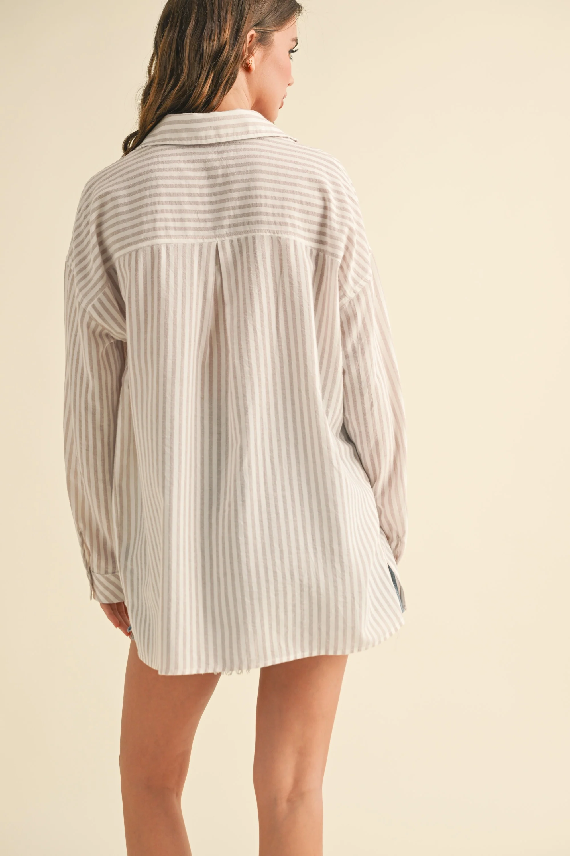 Beige Striped Double Pocket Button Down Top - Image 4