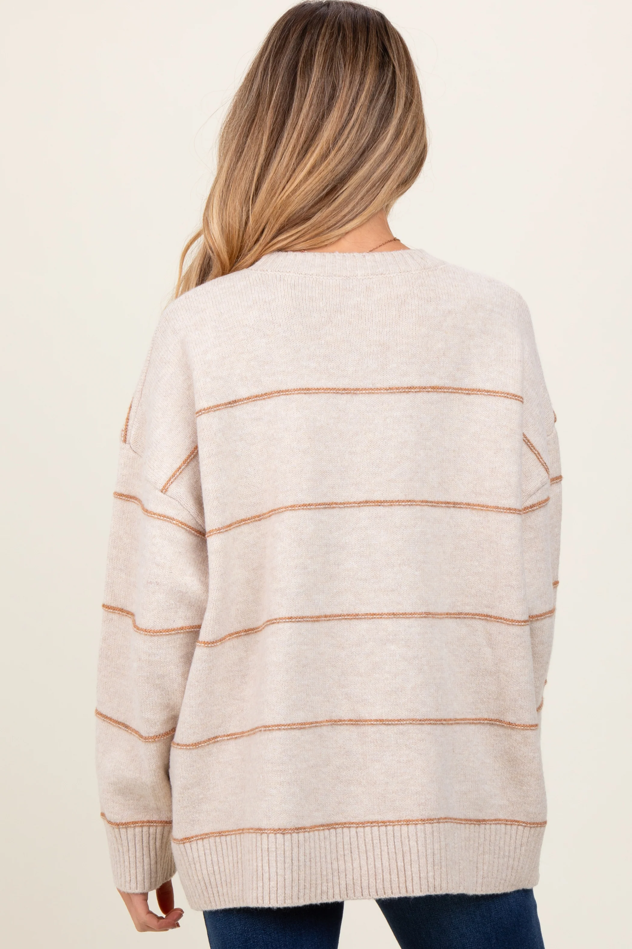Beige Striped Drop Shoulder Maternity Sweater - Image 3