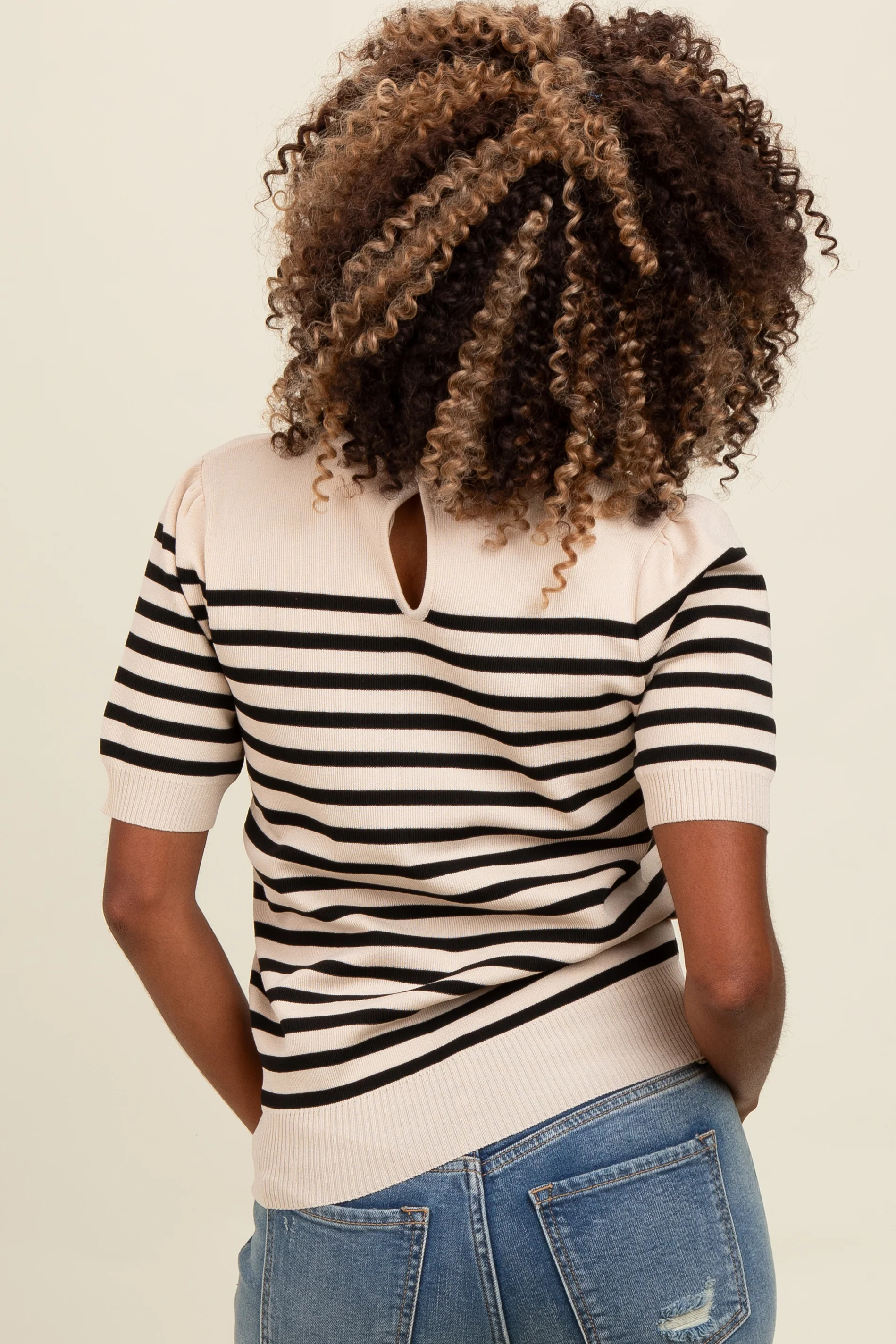 Beige Striped Short Sleeve Knit Top - Image 3