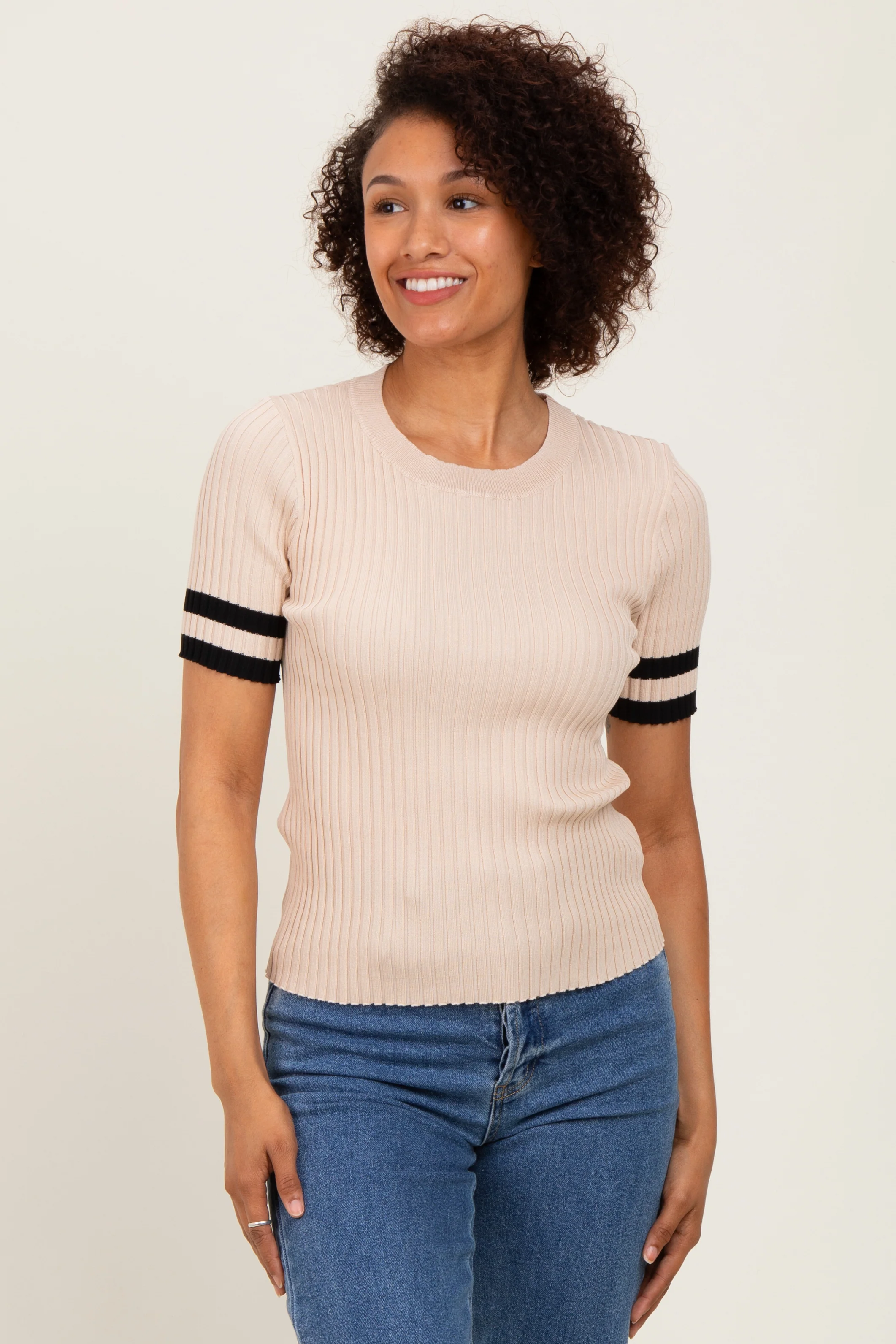Beige Striped Short Sleeve Maternity Knit Top - Image 5