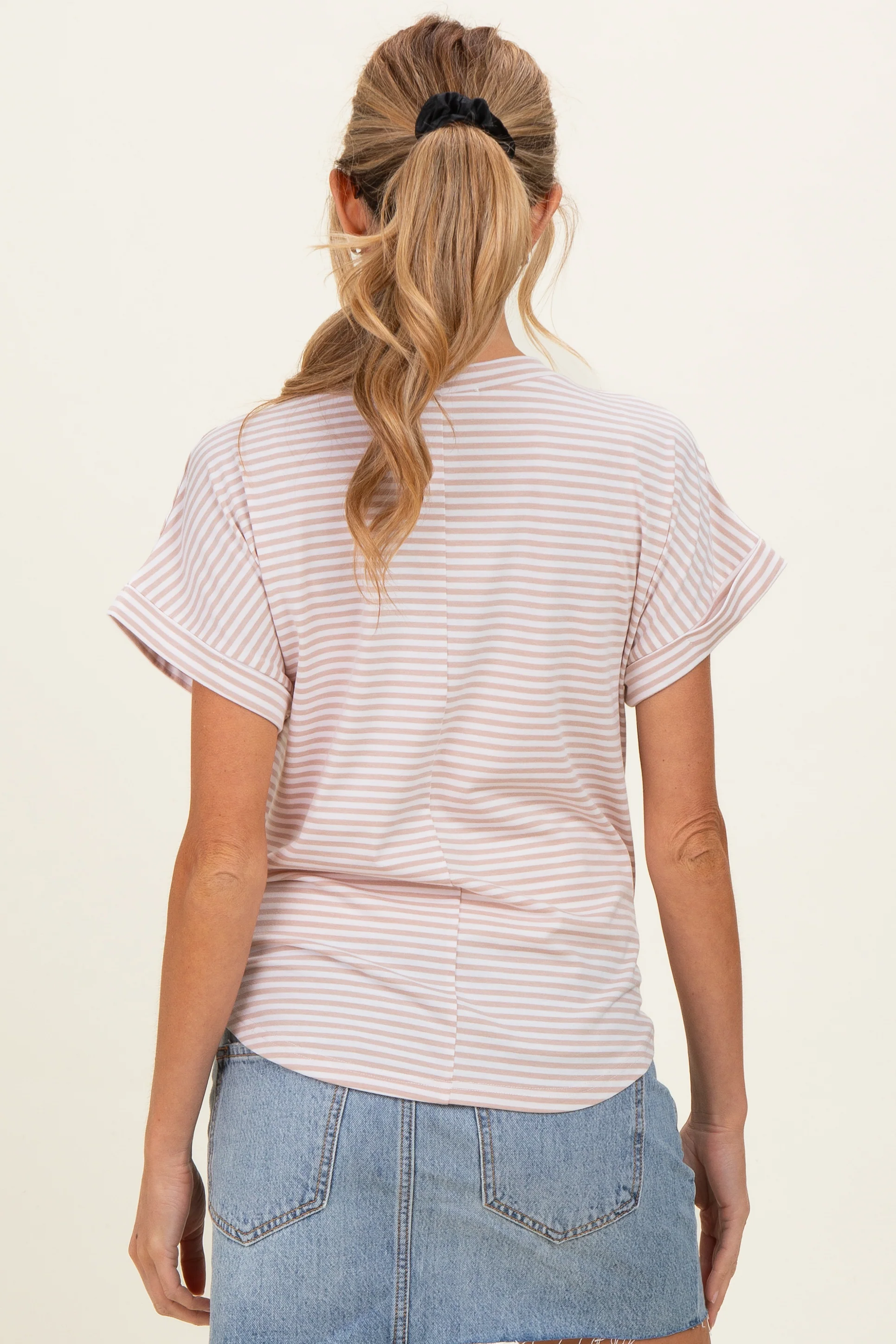 Beige Striped Short Sleeve Maternity Top - Image 4