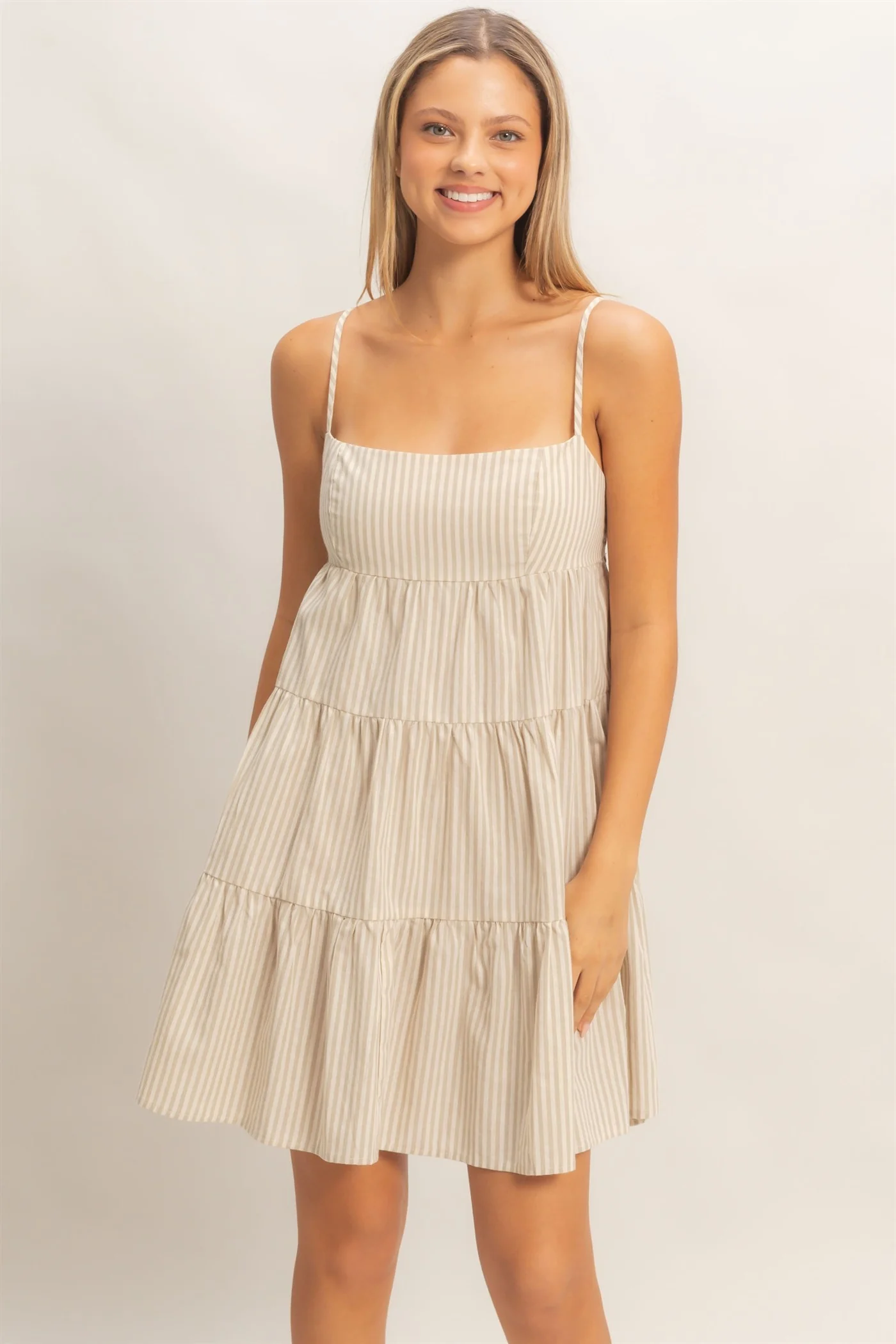Beige Striped Tiered Cutout Maternity Dress - Image 5