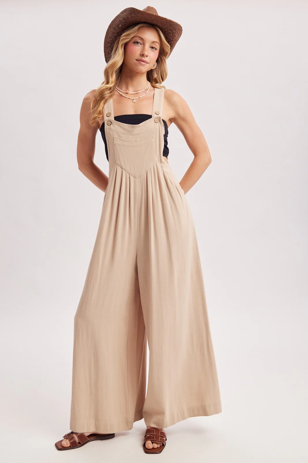 Beige Super Wide Leg Overall Jumpsuit - Image 2