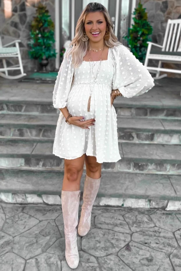 Beige Textured Dot Smocked Square Neck Chiffon Maternity Dress - Image 5