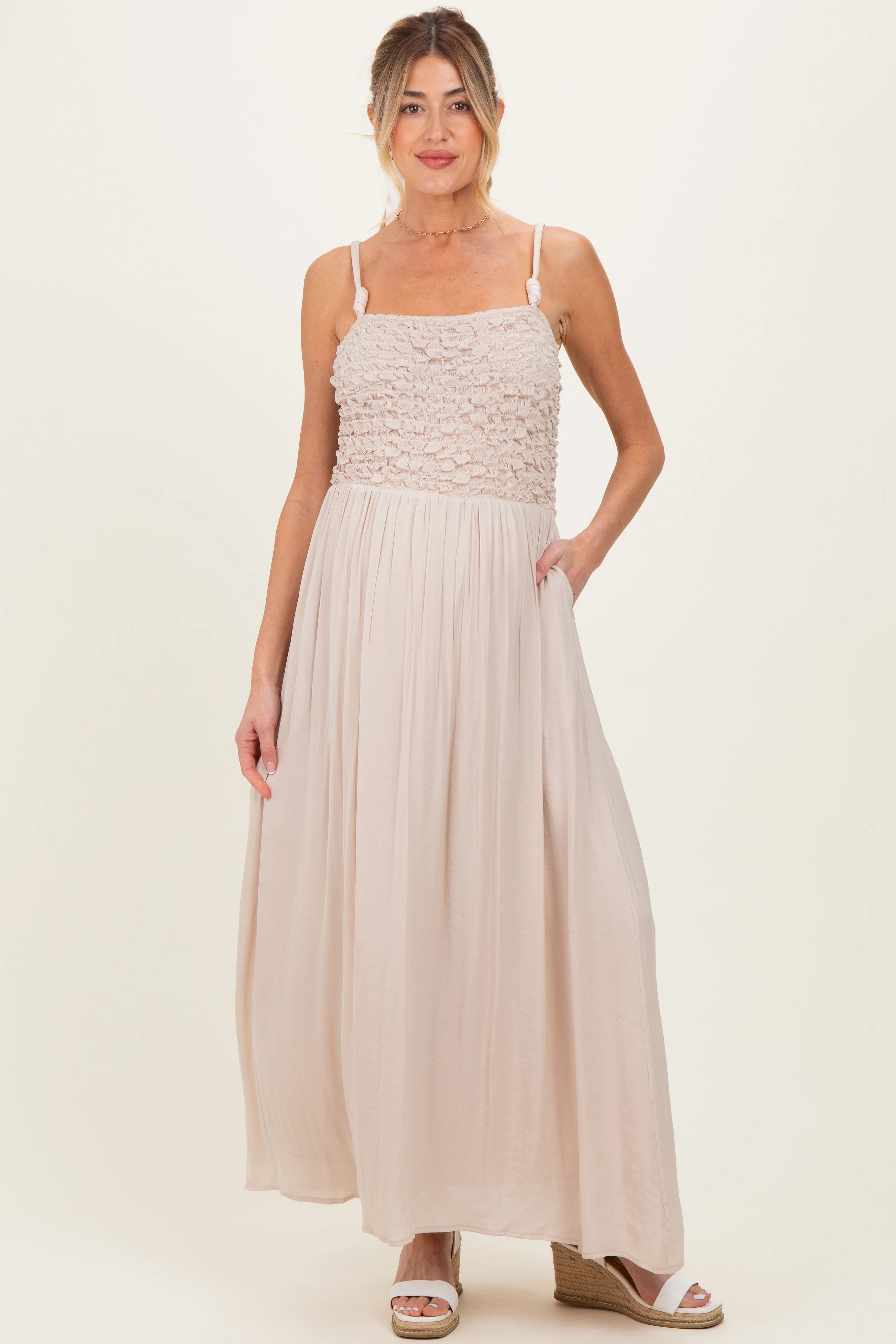Beige Textured Smocked Maternity Maxi Dress - Image 3