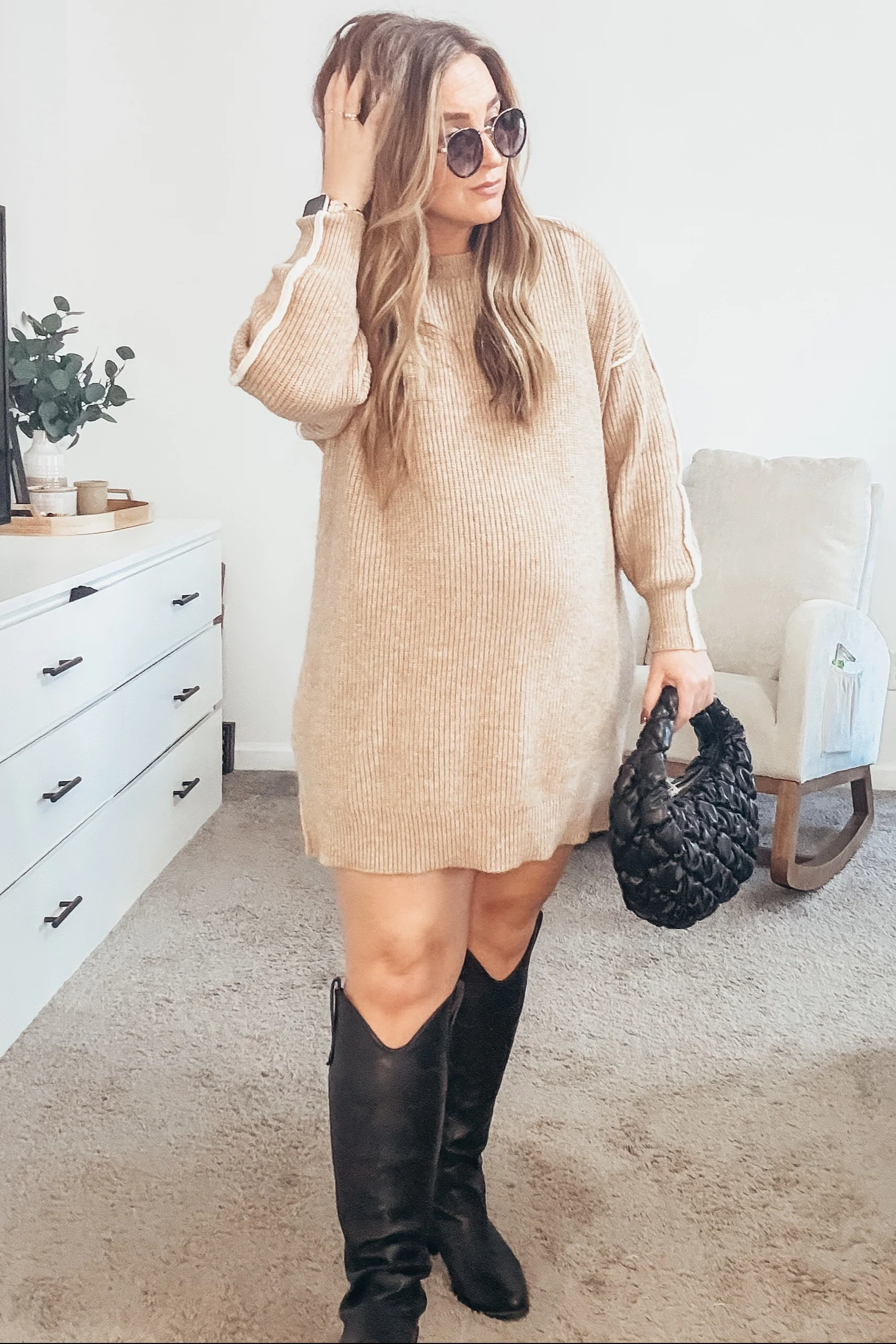 Beige Turtleneck Colorblock Contrast Trim Maternity Sweater Dress - Image 4