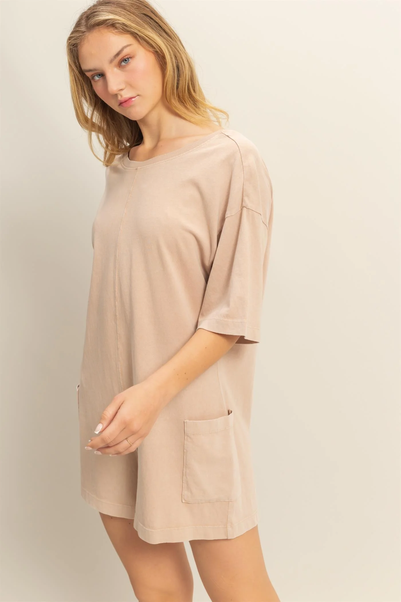 Beige V Back Short Sleeve Pocketed Romper - Image 3