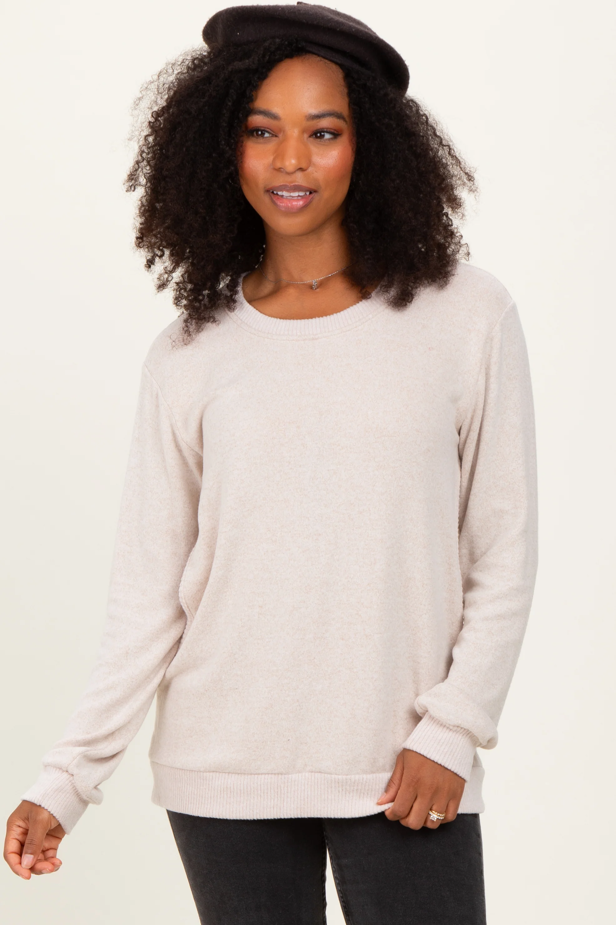 Beige V-Neck Double Layer Maternity Nursing Pullover Top - Image 5