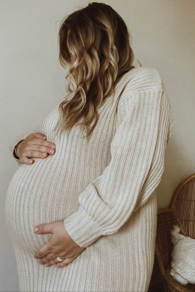 Beige V-Neck Ribbed Maternity Sweater Dress - Image 13