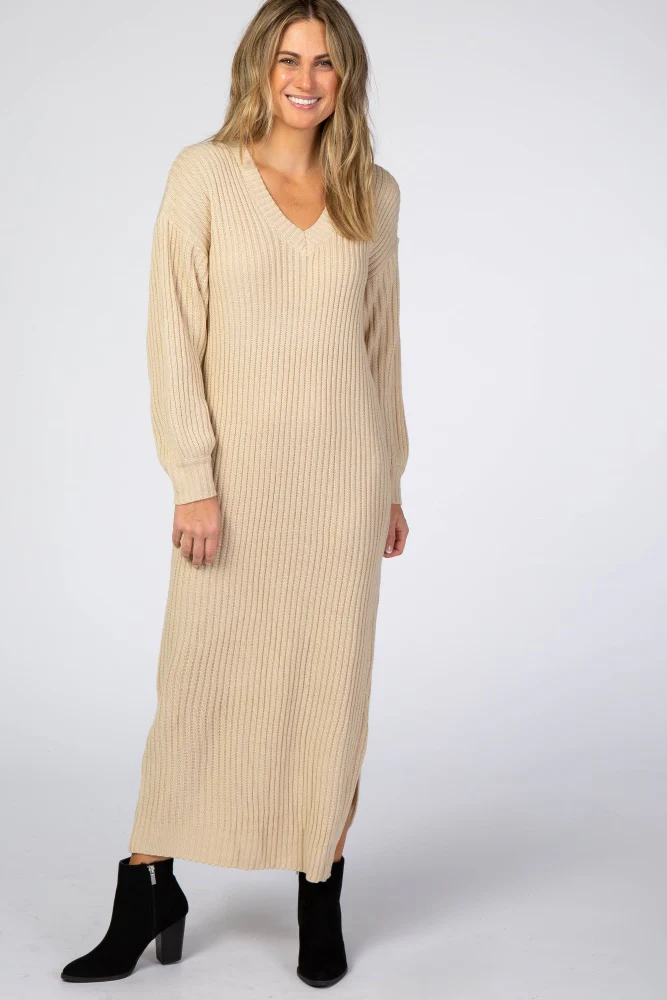 Beige V-Neck Ribbed Sweater Dress - Image 4
