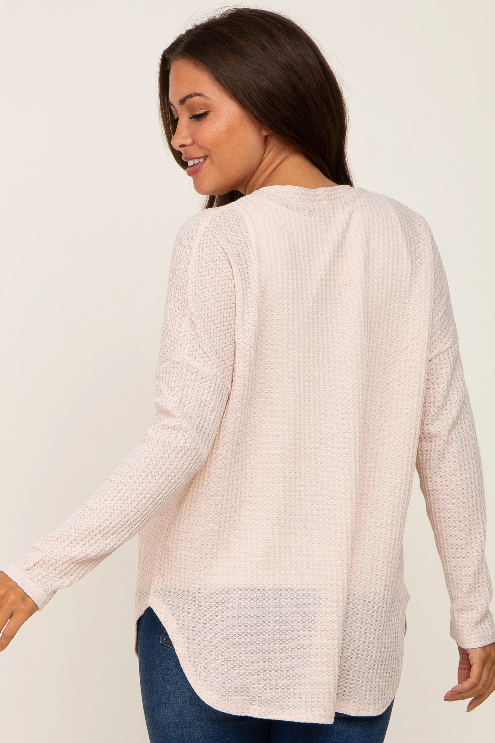 Beige Waffle Knit Button Down Maternity Top - Image 3