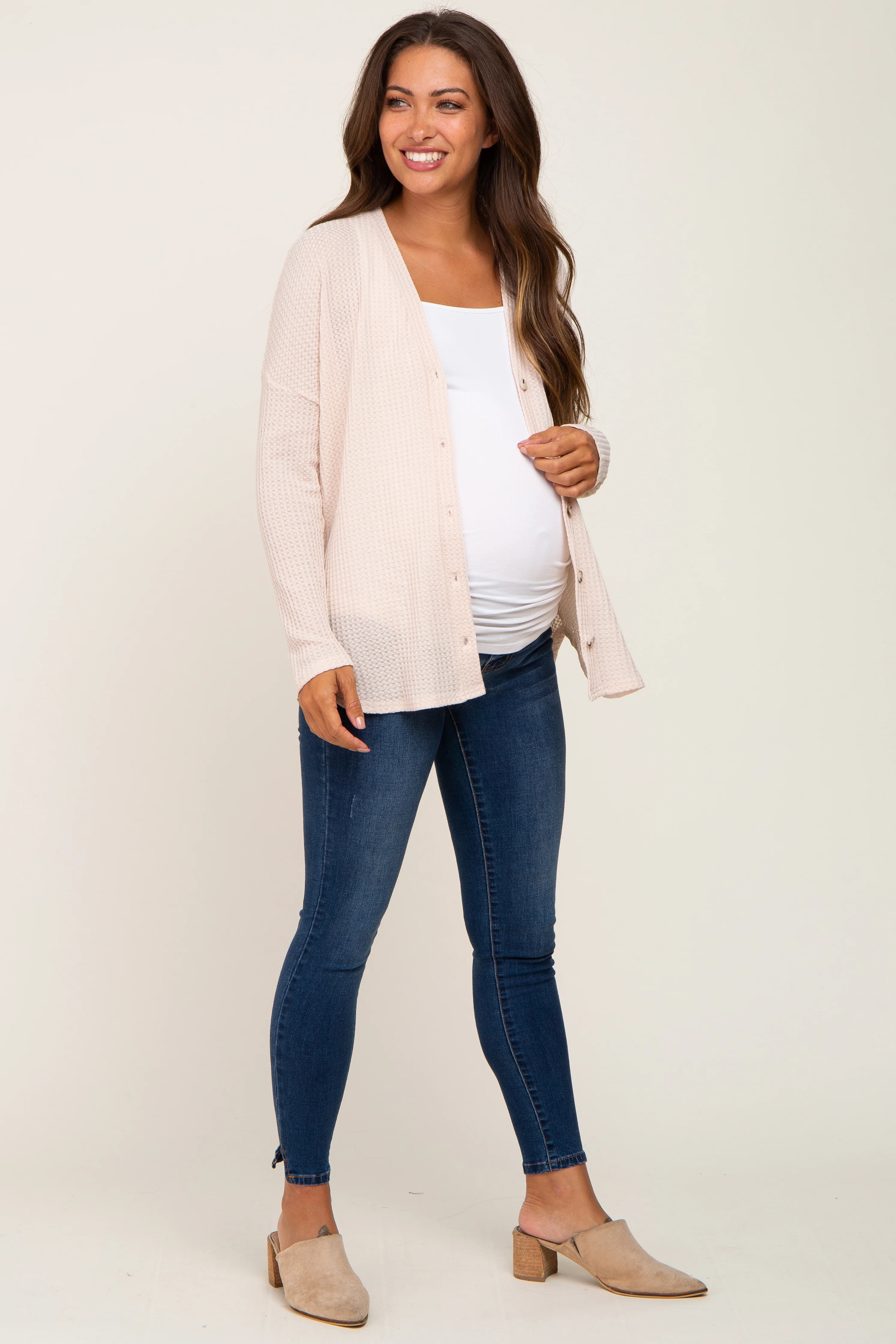 Beige Waffle Knit Button Down Maternity Top - Image 4