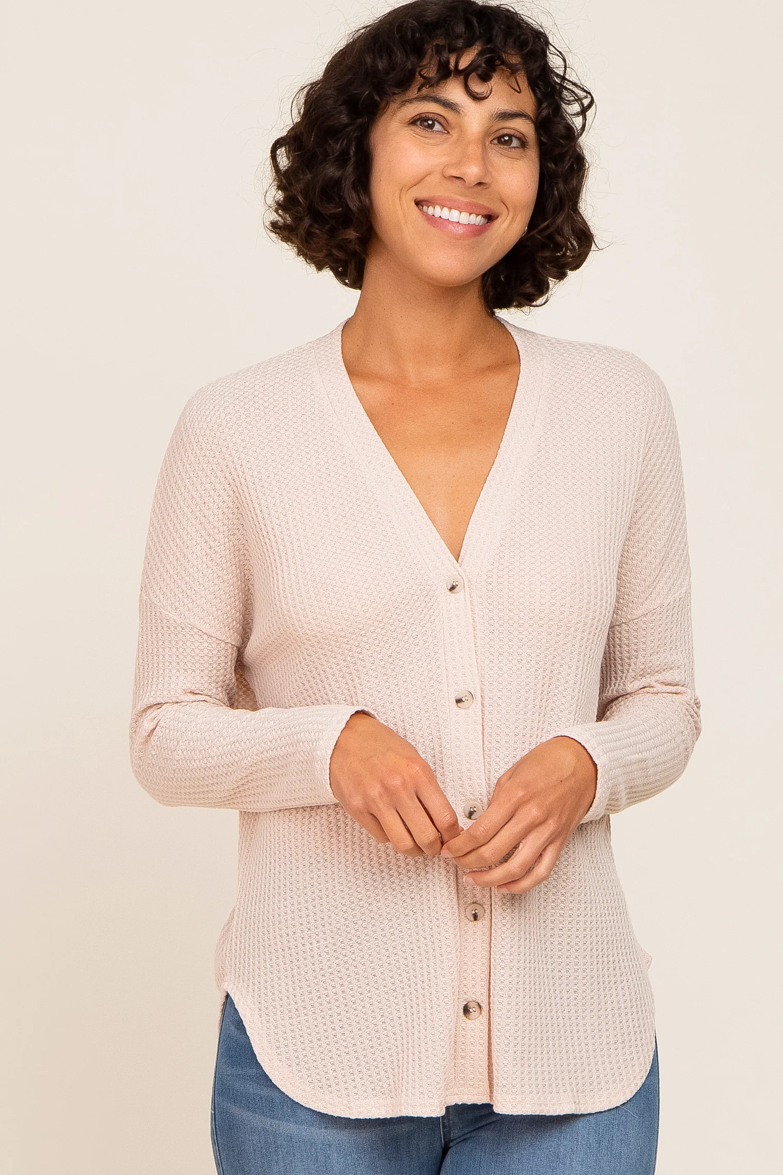 Beige Waffle Knit Button Down Maternity Top - Image 5