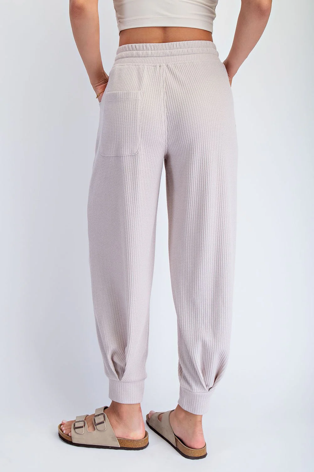 Beige Waffle Knit Raw Seam Joggers - Image 3