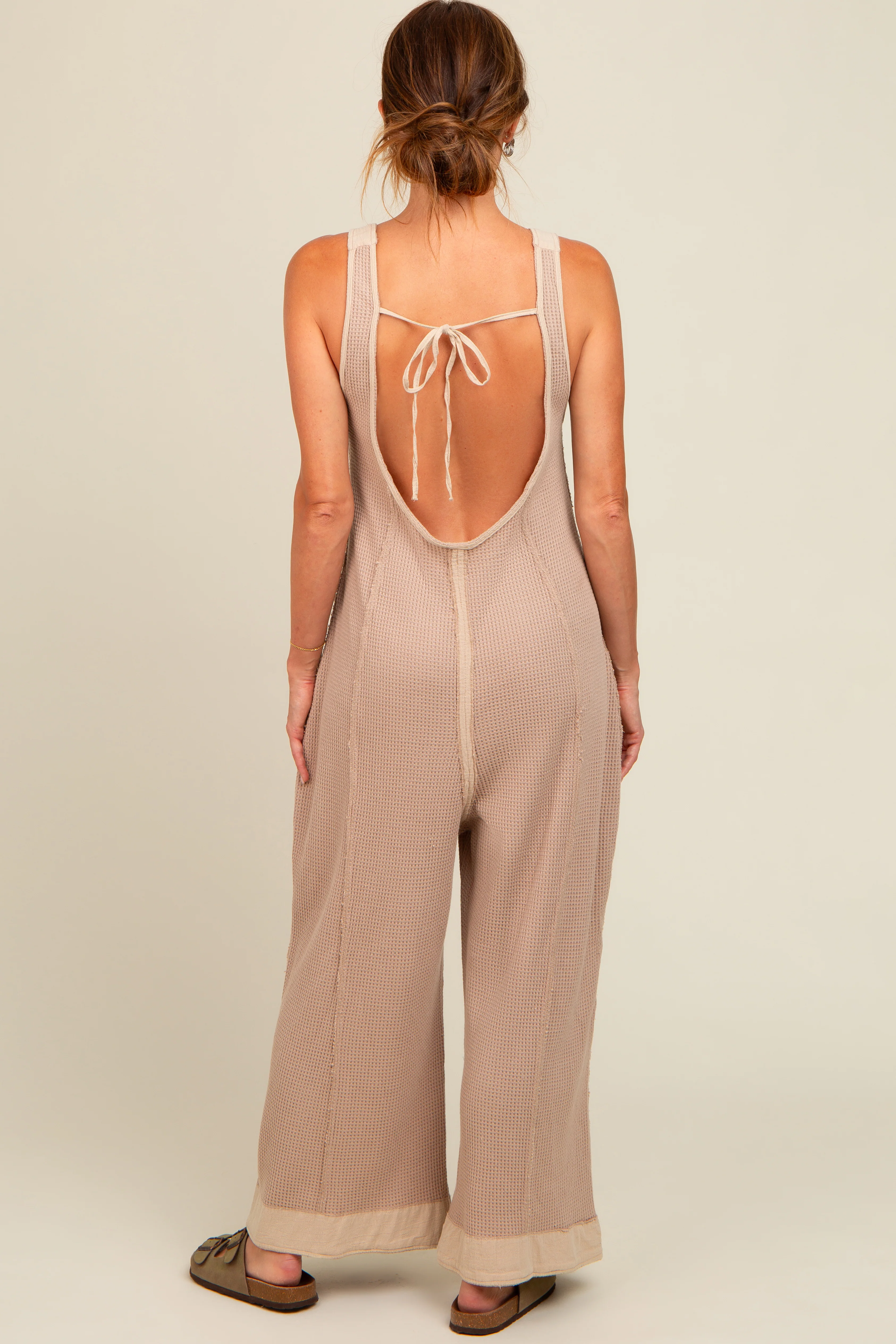 Beige Waffle Knit Wide Leg Jumpsuit - Image 4
