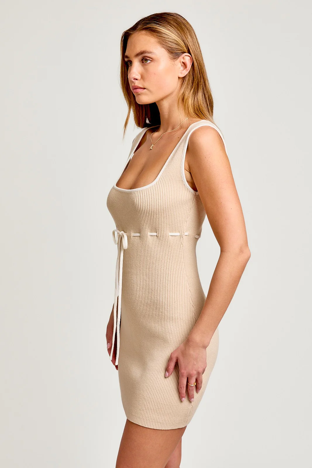 Beige White Stitch Detail Square Neck Sleeveless Sweater Dress - Image 2