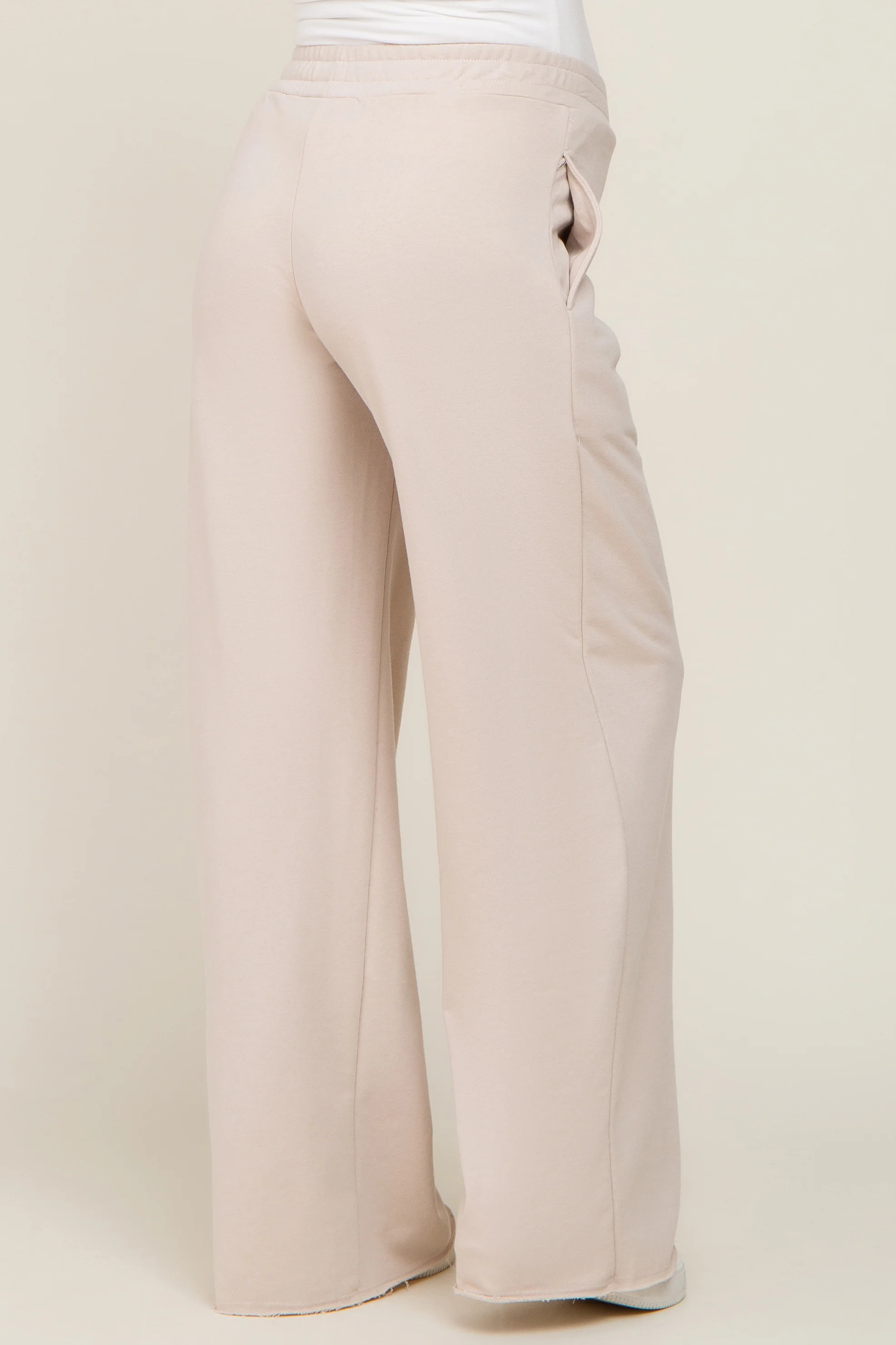 Beige Wide Leg Fray Hem Maternity Sweatpants - Image 4