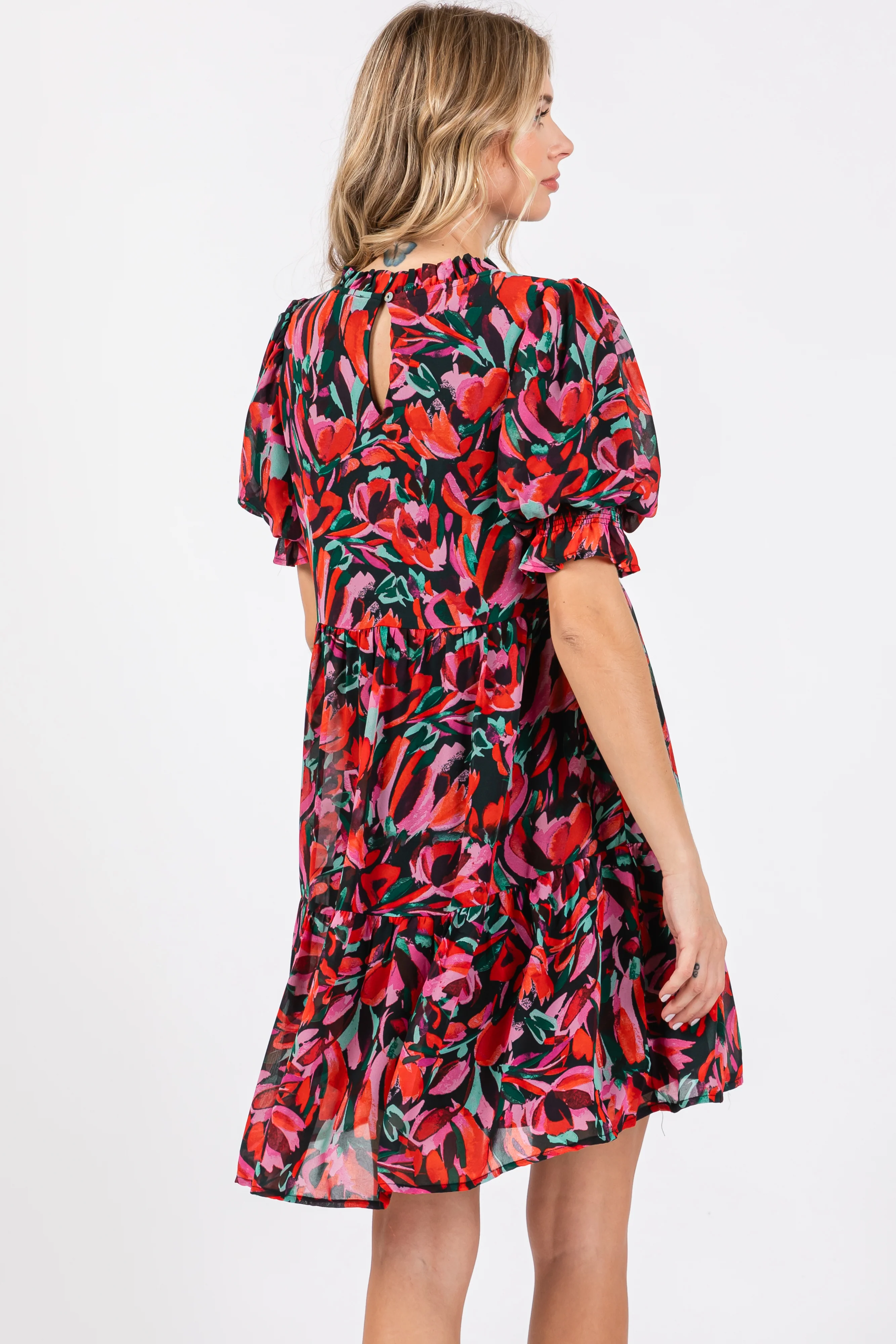 Black Abstract Floral Print Tiered Dress - Image 3