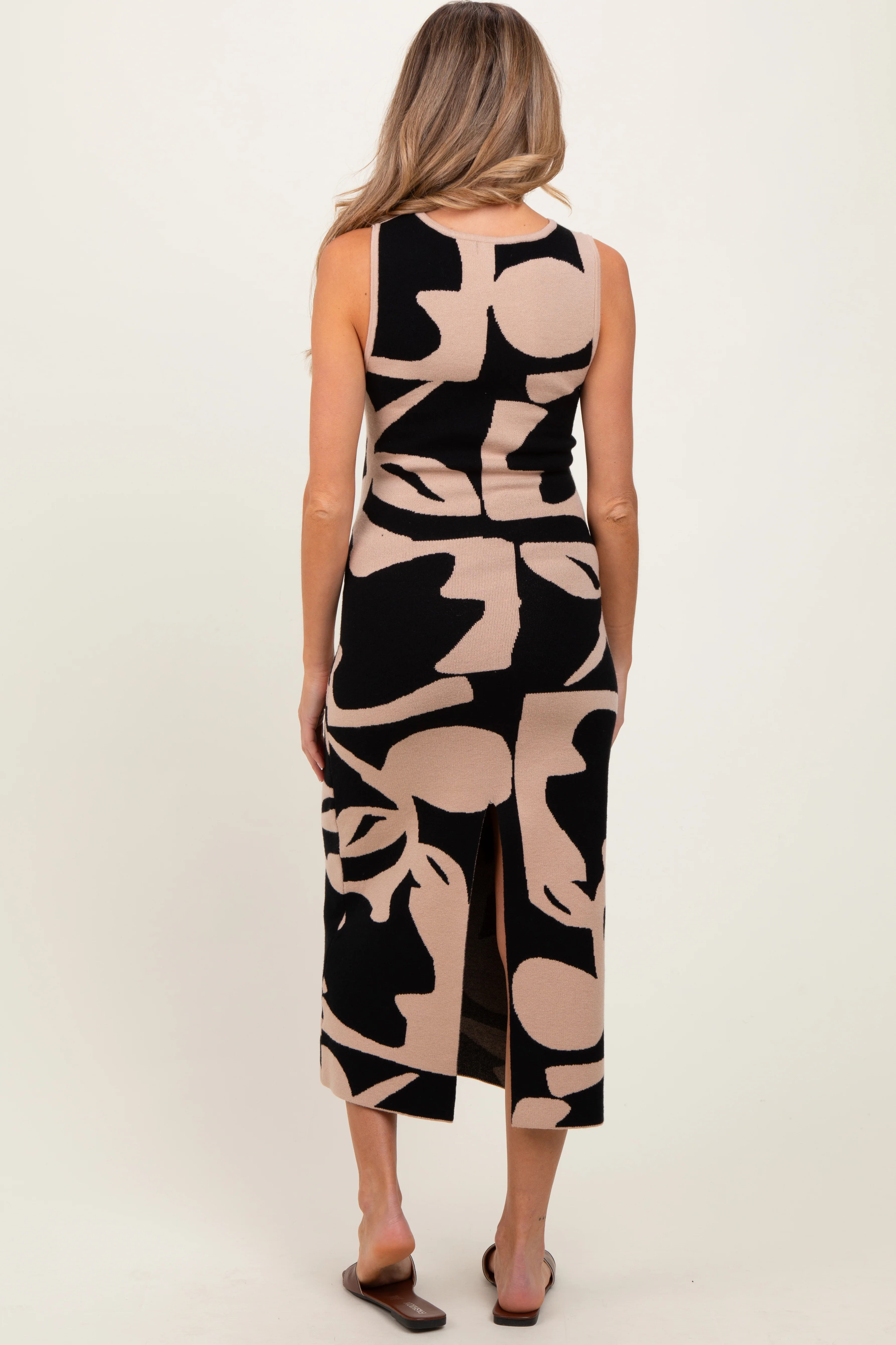 Black Abstract Print Knit Sleeveless Maternity Midi Dress - Image 3