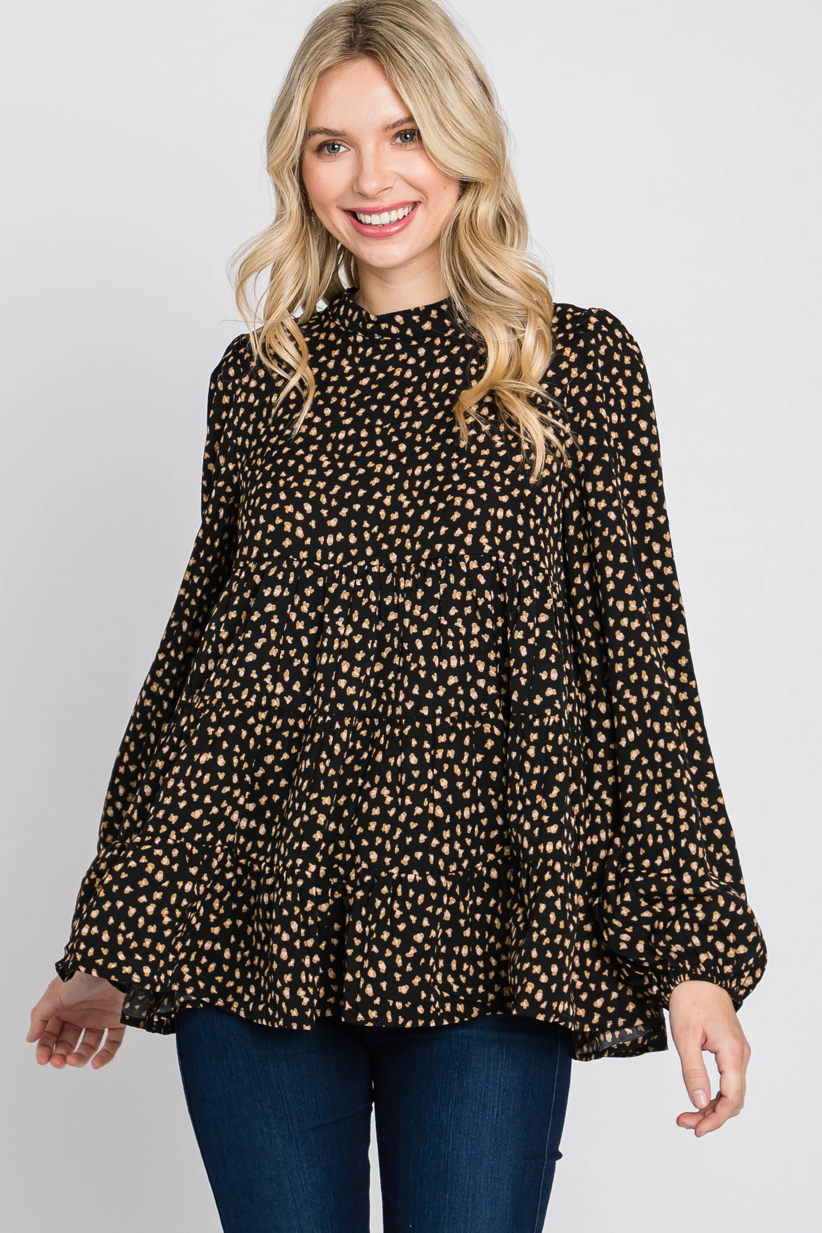Black Animal Print Mock Neck Tiered Top - Image 3