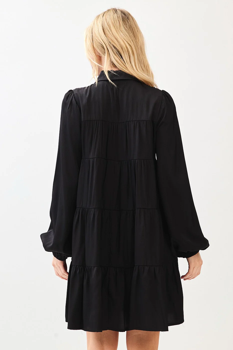 Black Balloon Sleeve Tiered Shirt Dress - Image 5