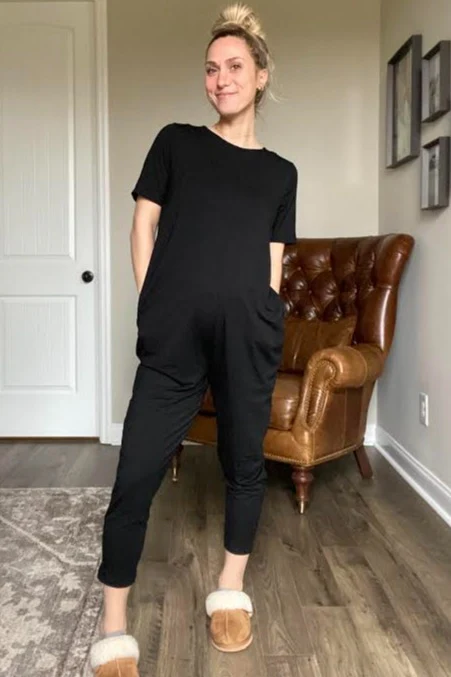 Black Basic Short Sleeve Maternity Jumpsuit - Image 6