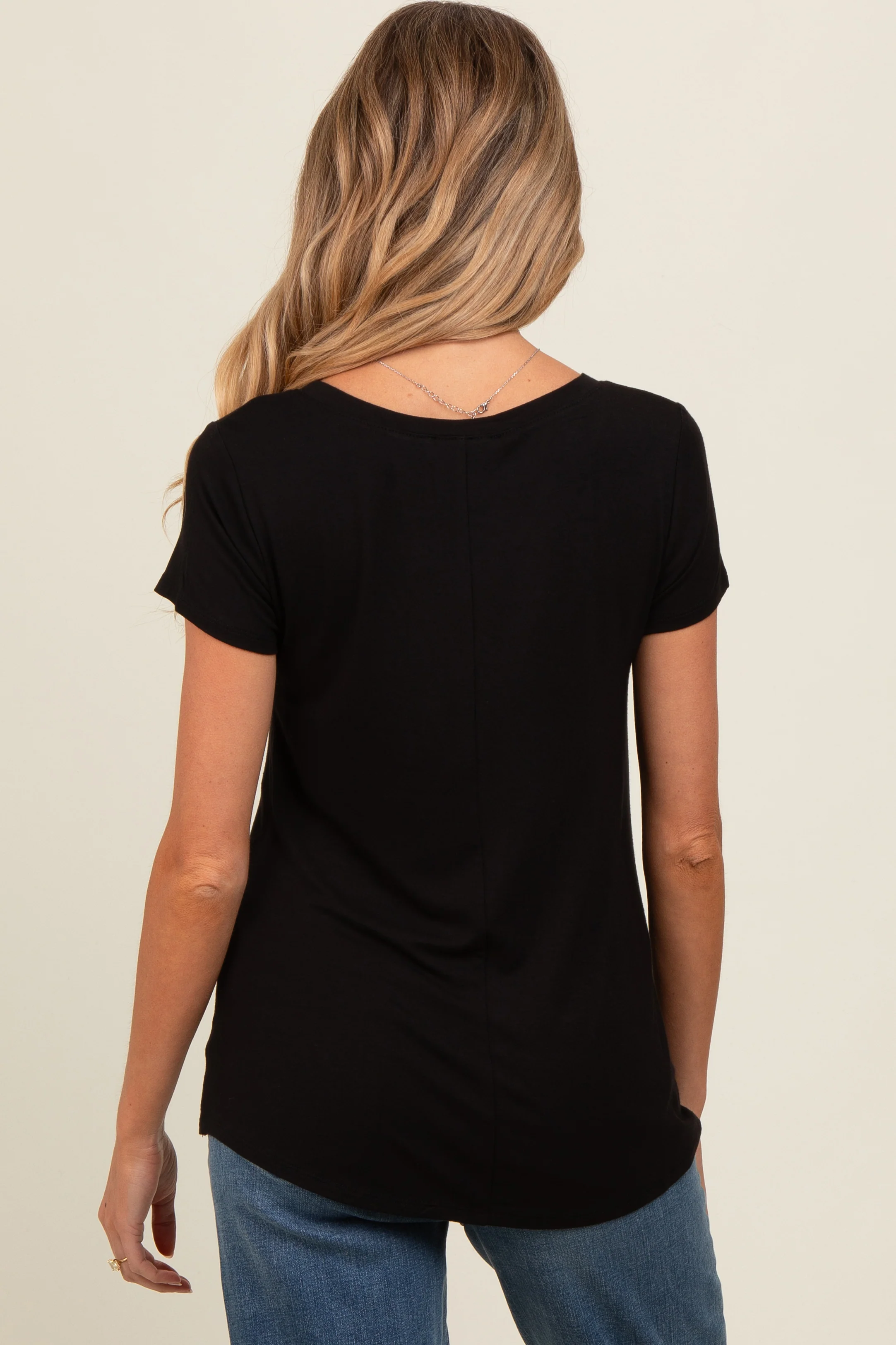 Black Basic V-Neck Short Sleeve Maternity Top - Image 2