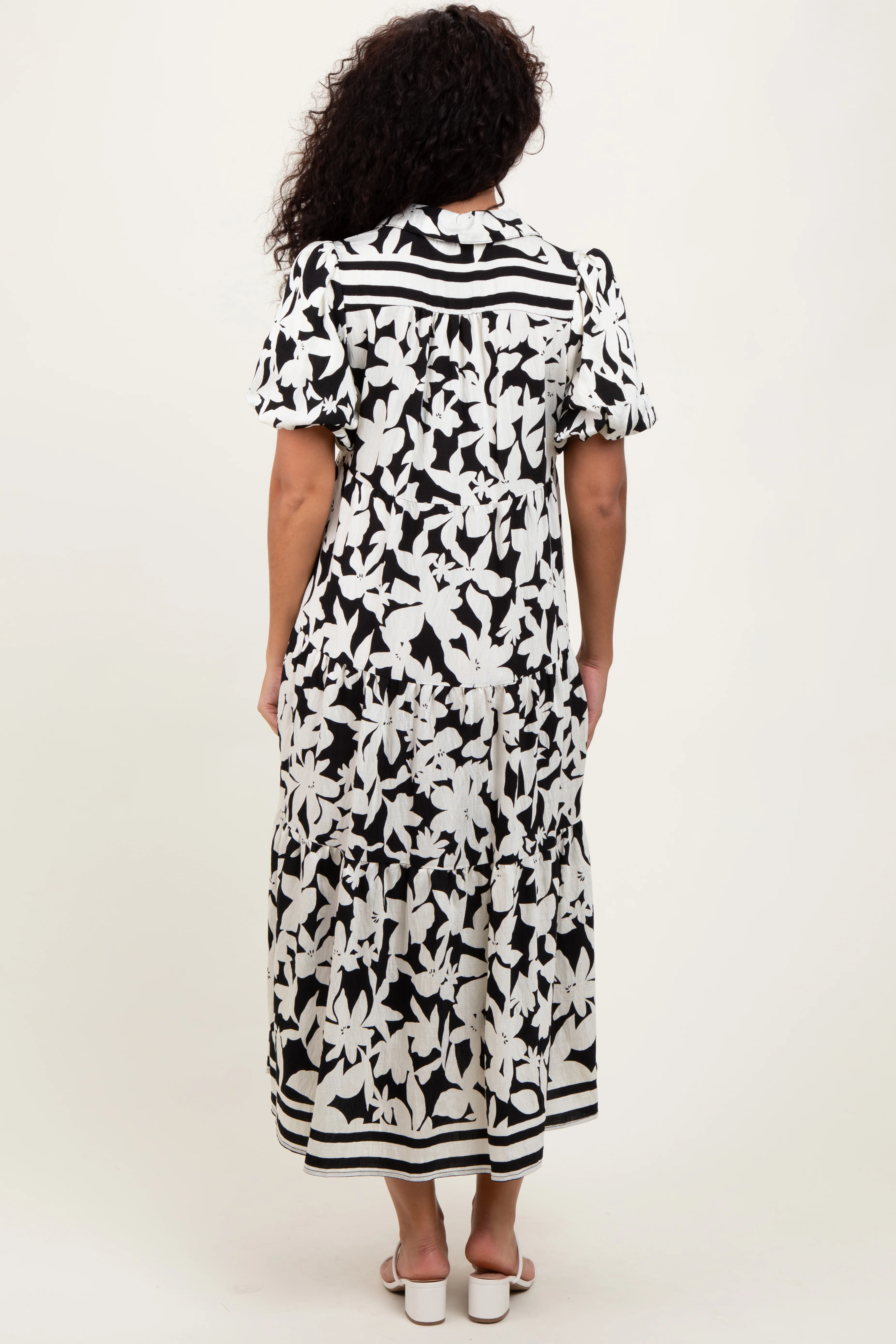 Black Botanical Print A Line Tiered Dress - Image 4
