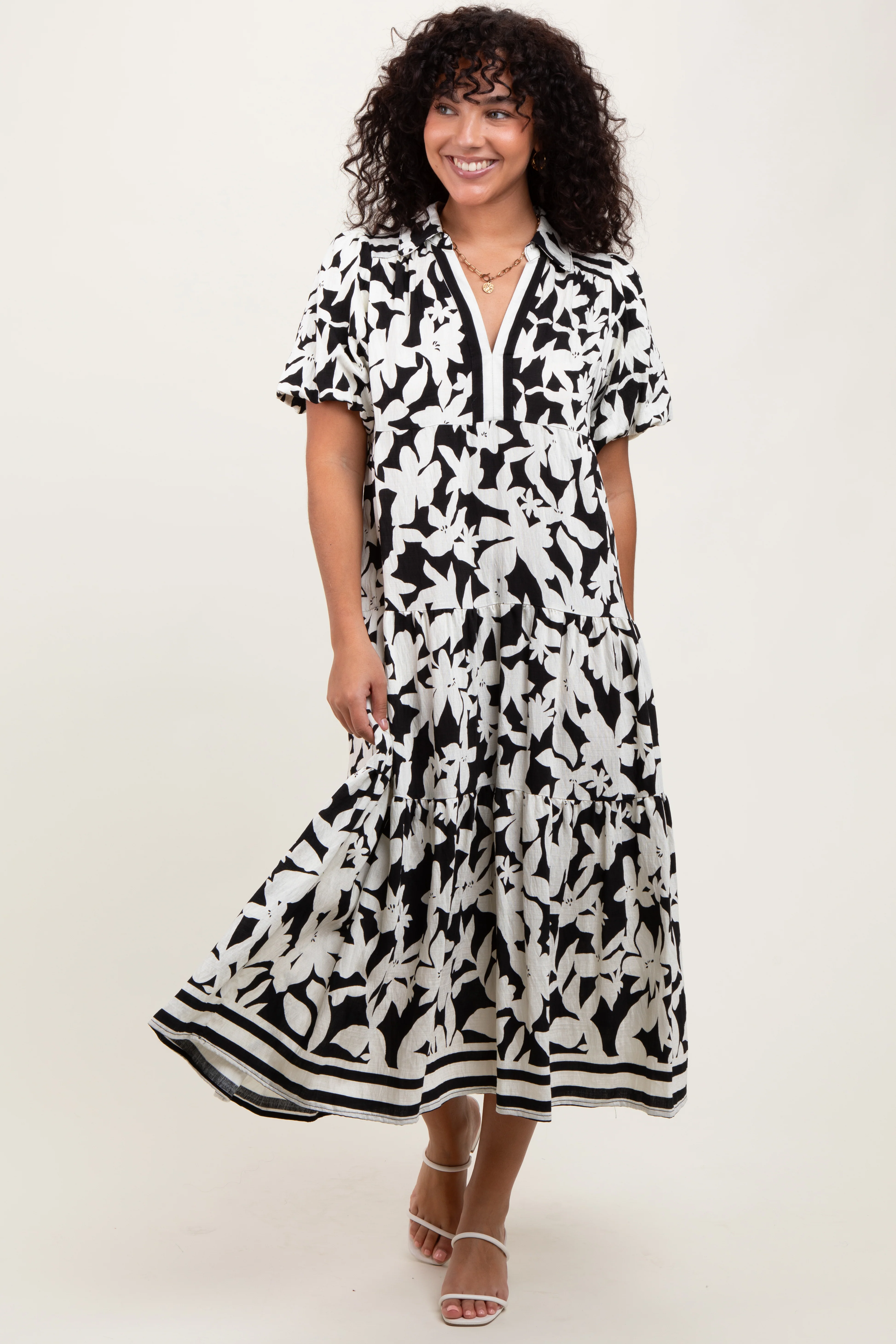 Black Botanical Print A Line Tiered Maternity Dress - Image 5