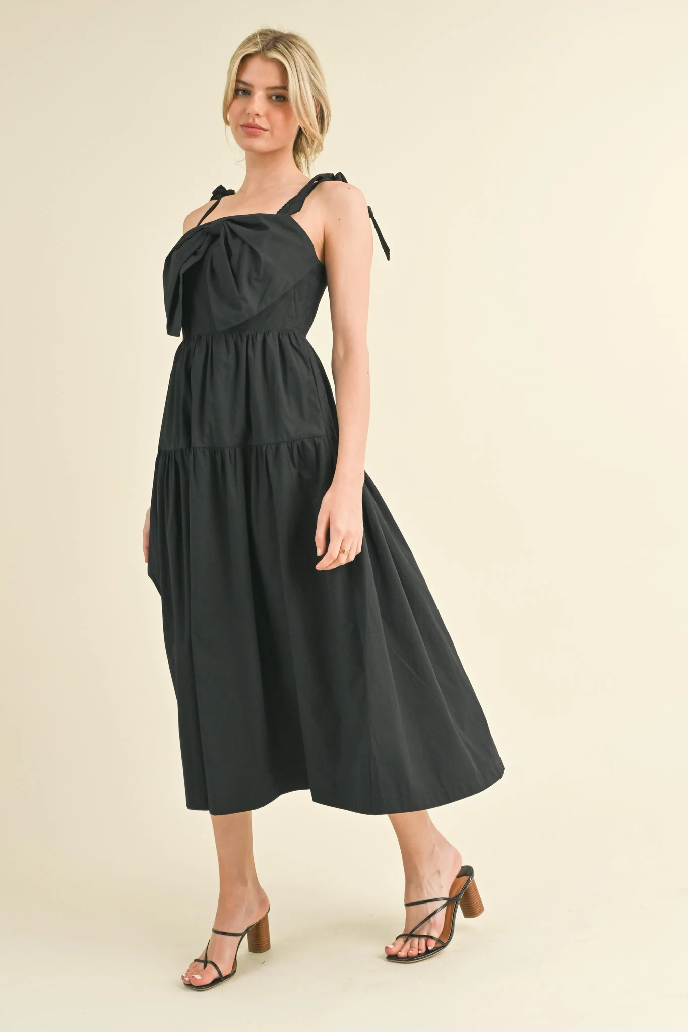 Black Bow Front Scalloped Midi Dress - Image 3