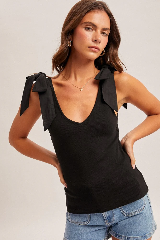 Black Bow Tie Detail Sleeveless V Neck Ribbed Maternity Top - Image 6