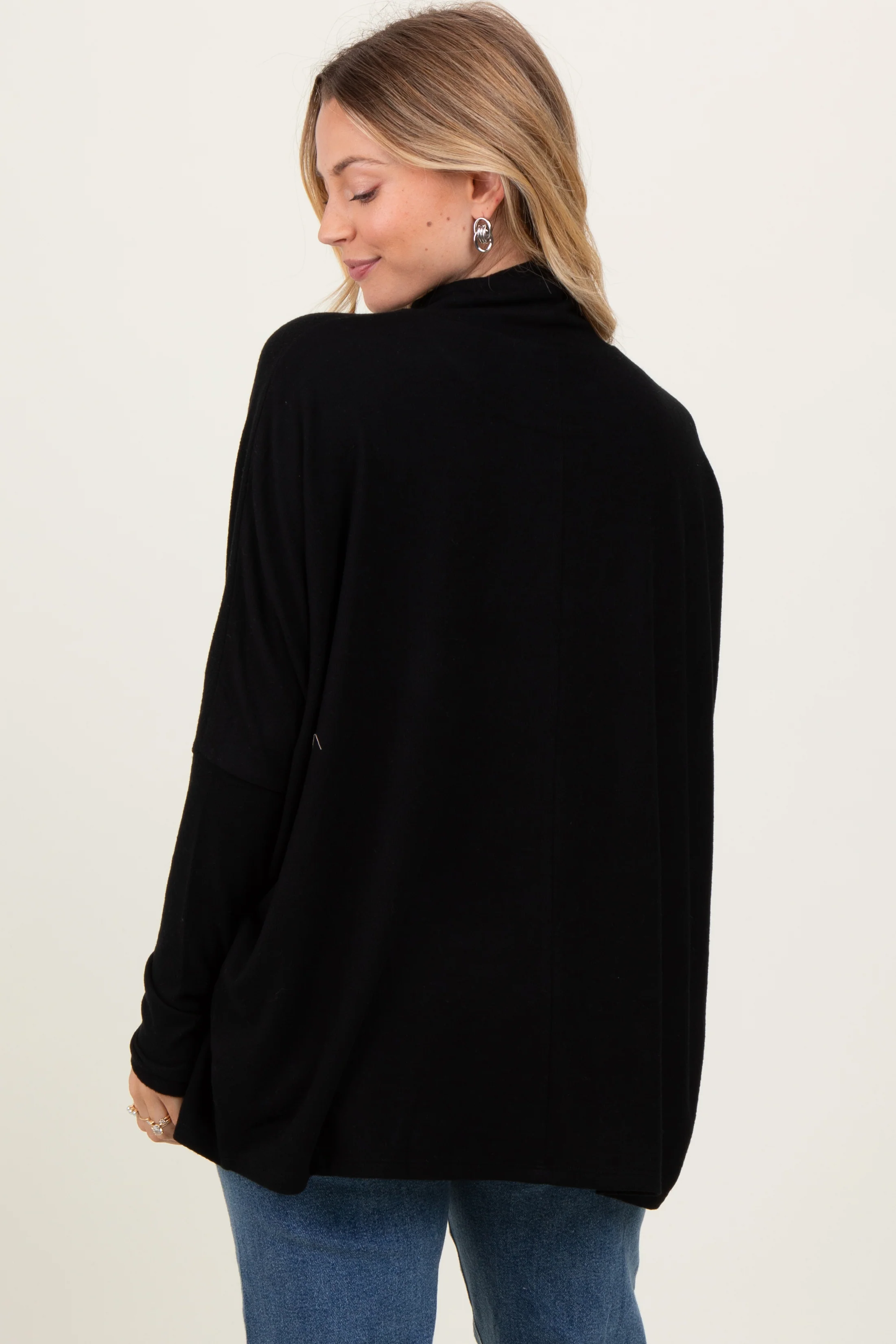 Black Brushed Knit Turtleneck Dolman Sleeve Top - Image 3