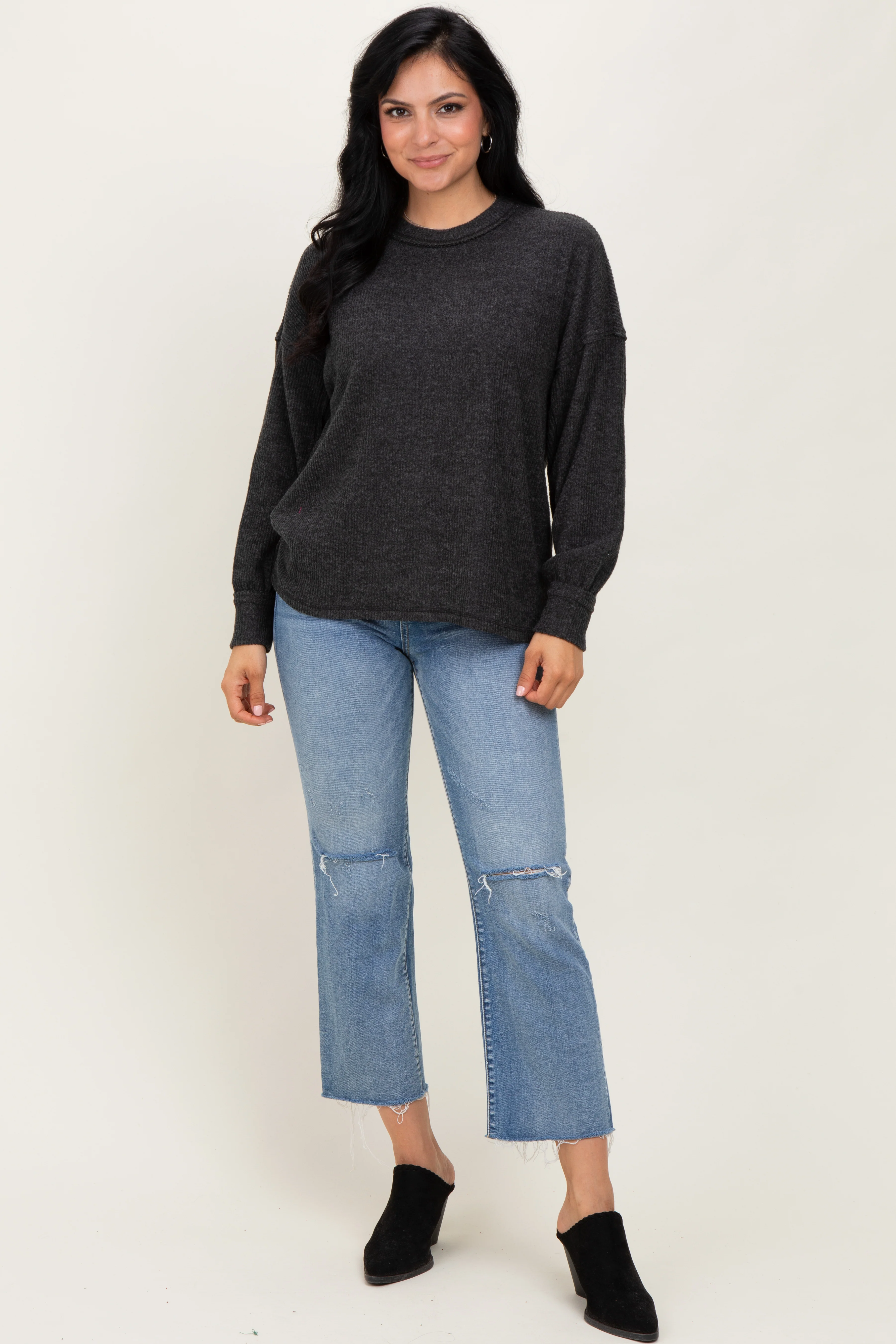 Black Brushed Ribbed Knit Pullover - Image 2