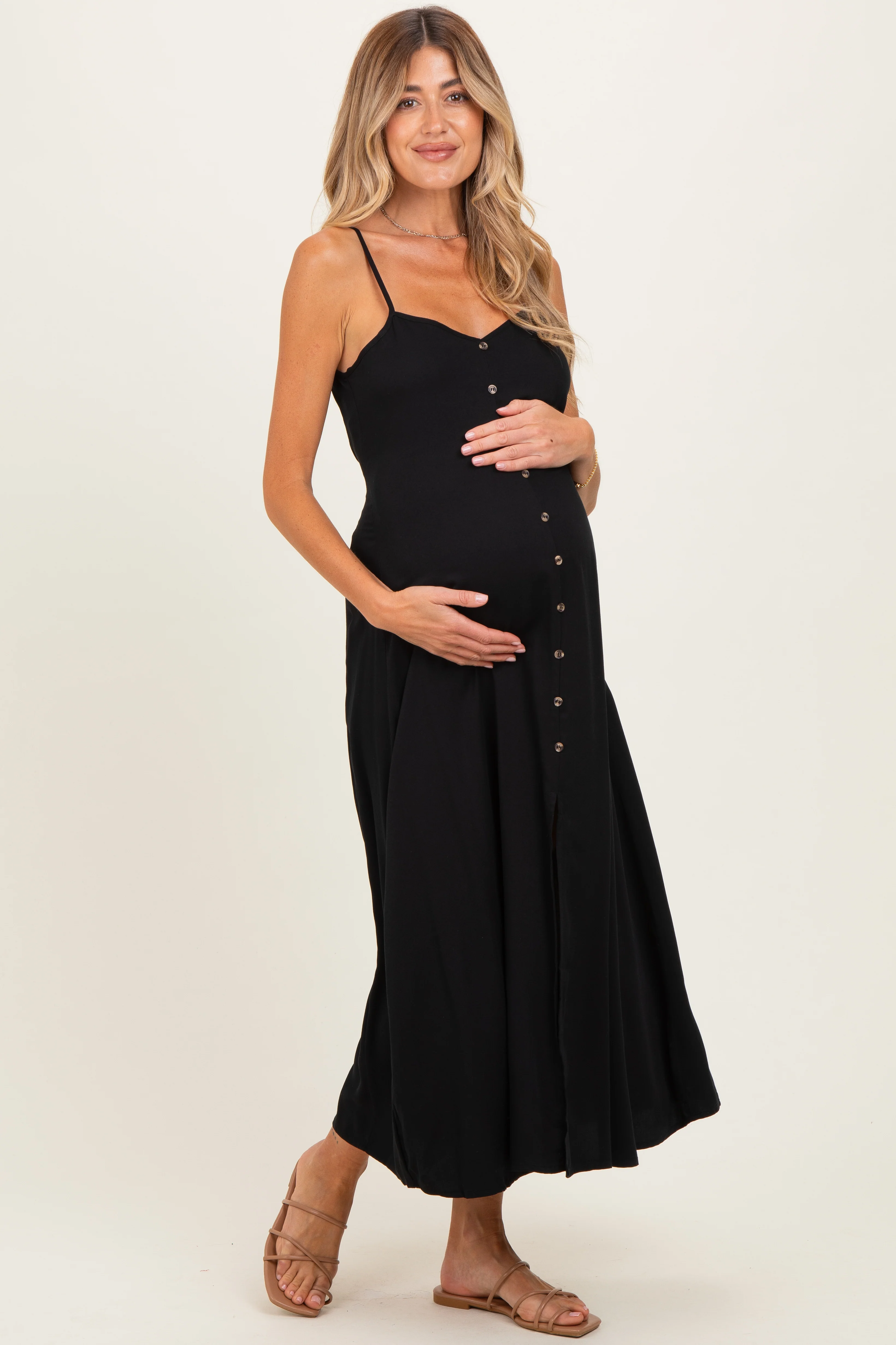 Black Button Accent Maternity Midi Dress - Image 2