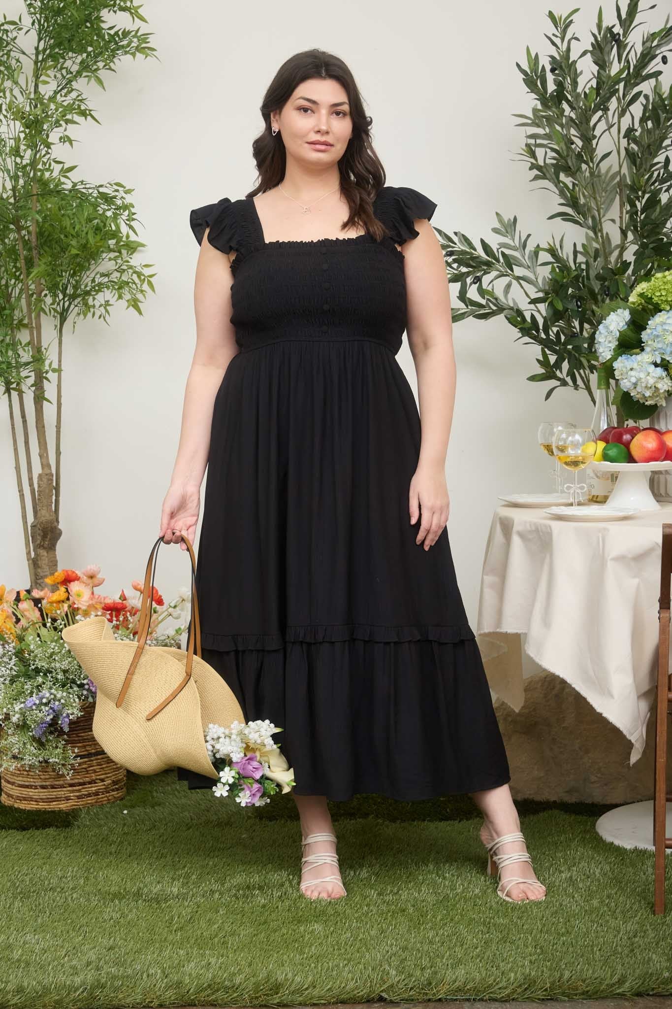 Black Button Accent Smocked Maternity Plus Midi Dress - Image 5