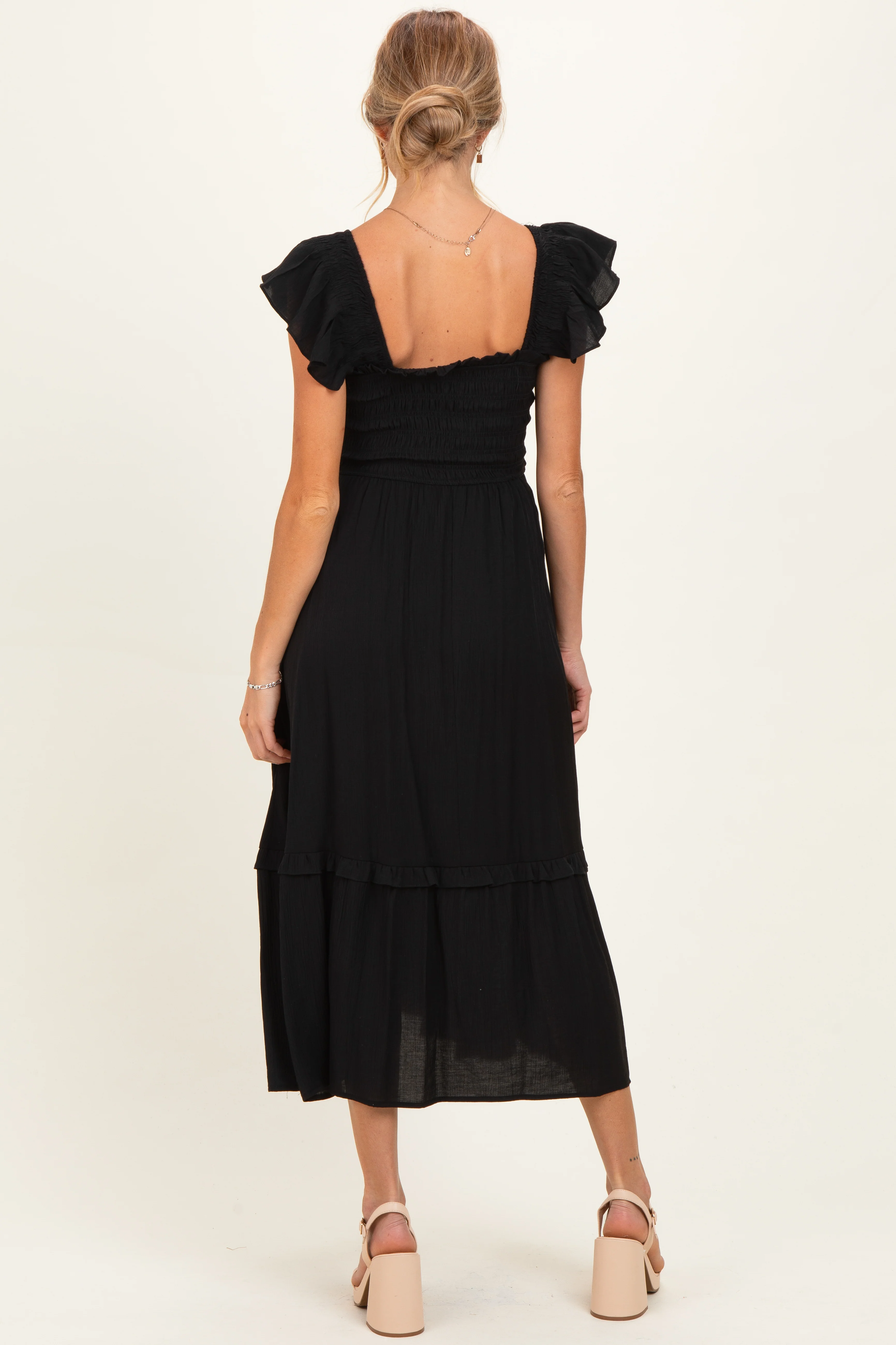 Black Button Accent Smocked Ruffle Maternity Midi Dress - Image 3