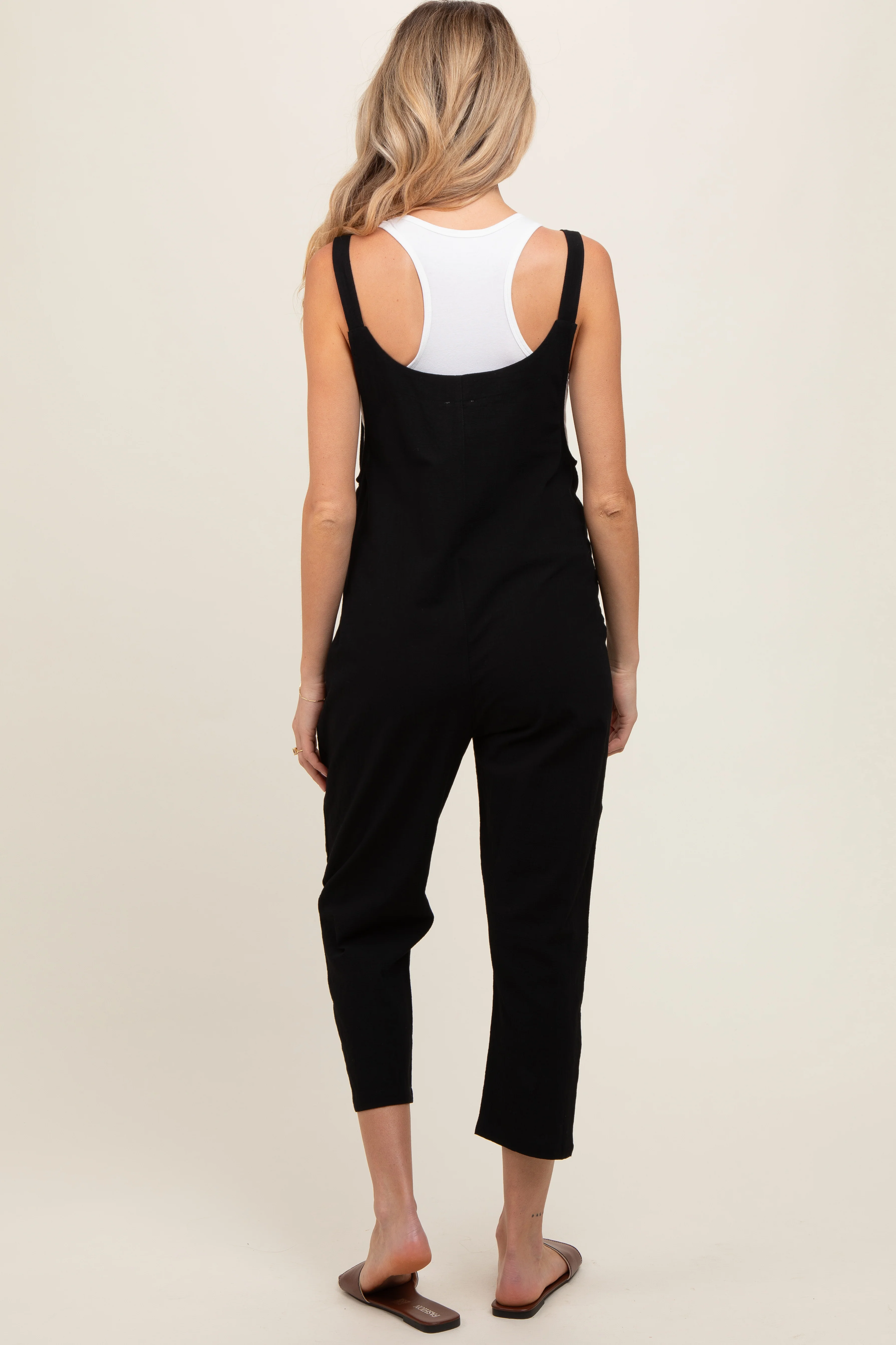 Black Button Down Maternity Cropped Jumpsuit - Image 4
